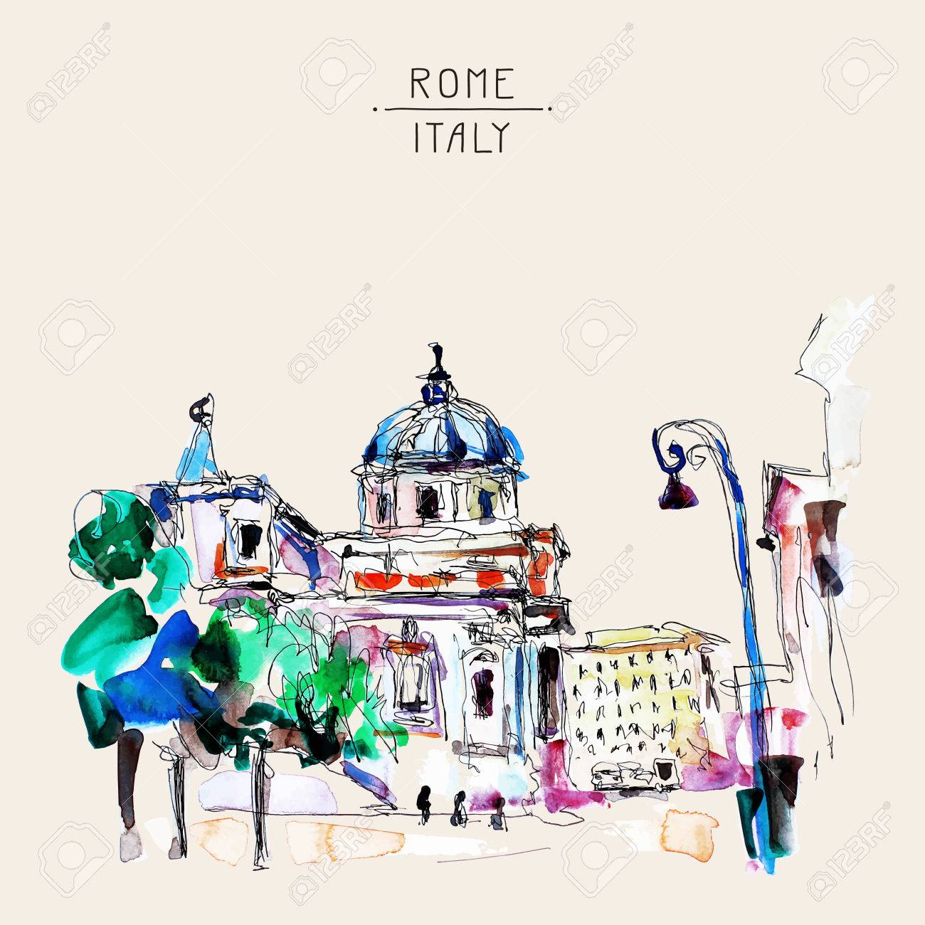 イタリアのローマ イタリアの古い帝国建物 旅行本のベクトル図から元のフリーハンドの水彩旅行カード のイラスト素材 ベクタ Image