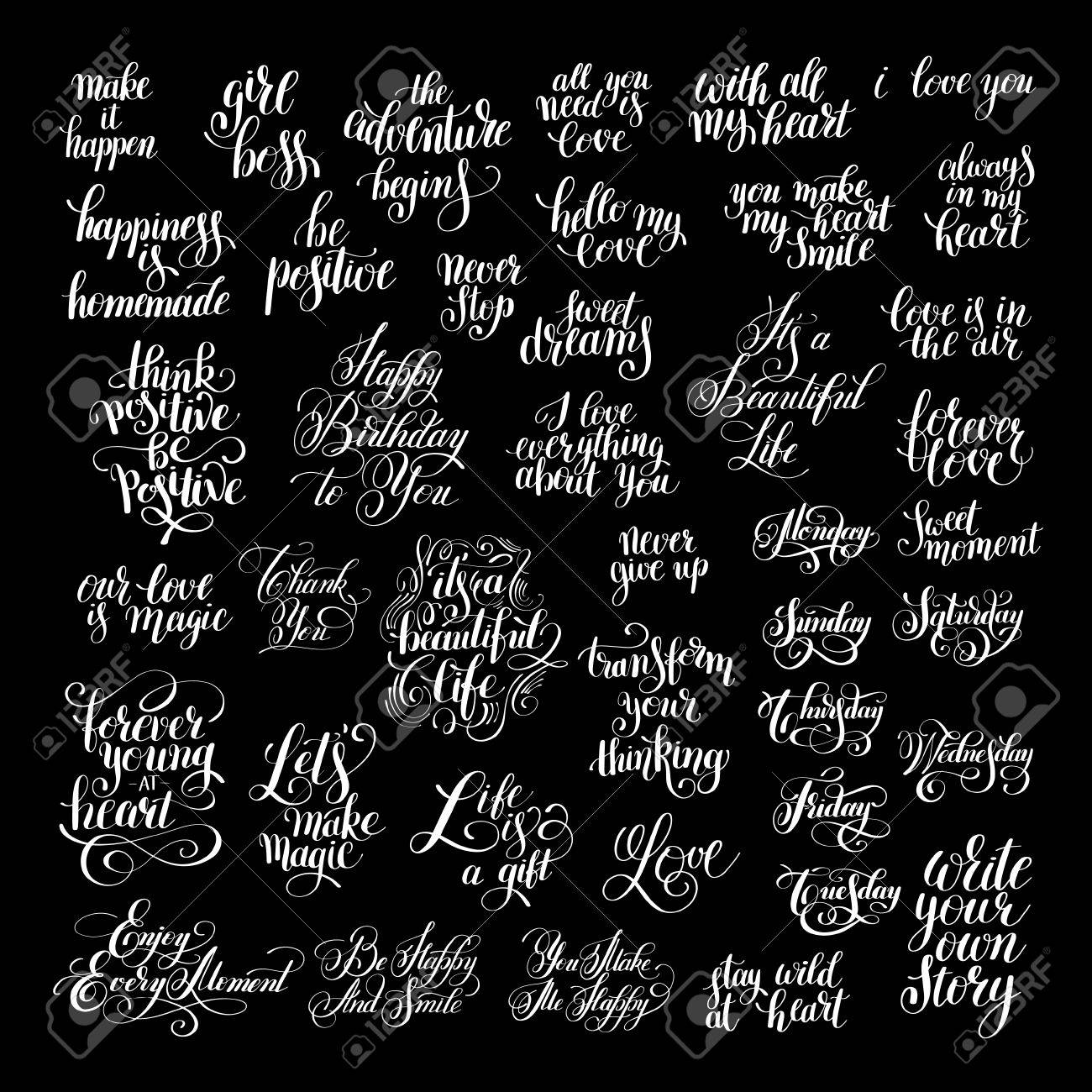 印刷可能な壁のアート フォト アルバムのデザイン 家の装飾 愛のフレーズ 曜日を手書きの肯定的な心に強く訴える引用ブラシ タイポグラフィの大きなセットは 近代書道ベクトル イラスト のイラスト素材 ベクタ Image 印刷可能な壁のアート フォト アルバムのデザイン 家の装飾 愛のフレーズ 曜日を手書きの肯定的な心に強く訴える引用ブラシ タイポグラフィの大きなセットは 近代書道ベクトル イラスト のイラスト素材 ベクタ Image