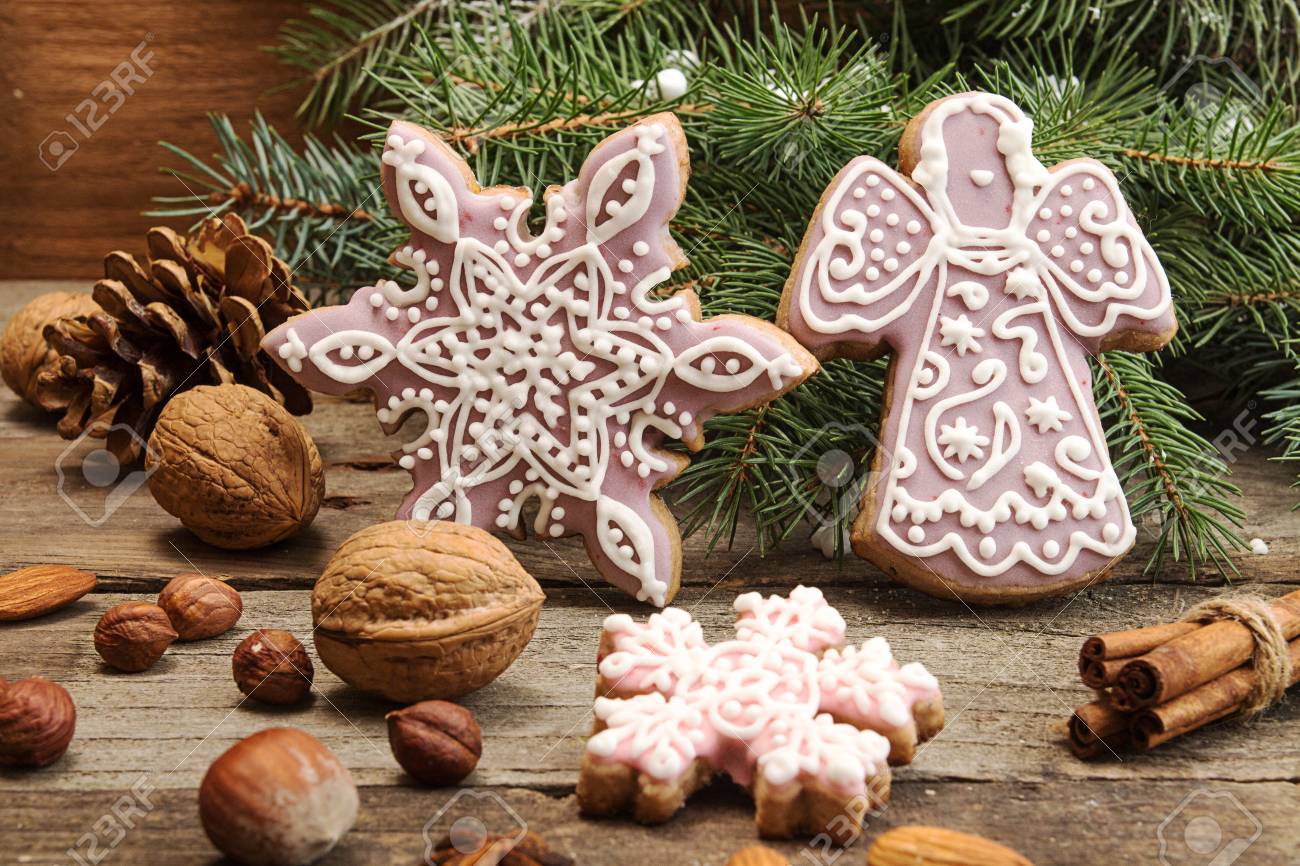 Gingerbread Cookies Snowflakes Angel Fir Tree Branch Christmas New Year Holiday Decor Gingerbread Cookies Snowflakes Angel Fir Tree Branch Christmas New Year Holiday Decor