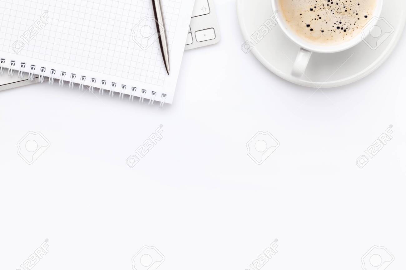 Office workplace desk table with computer, supplies and coffee. Top view with space for your text or app. Flat lay - 145003700 Office workplace desk table with computer, supplies and coffee. Top view with space for your text or app. Flat lay - 145003700