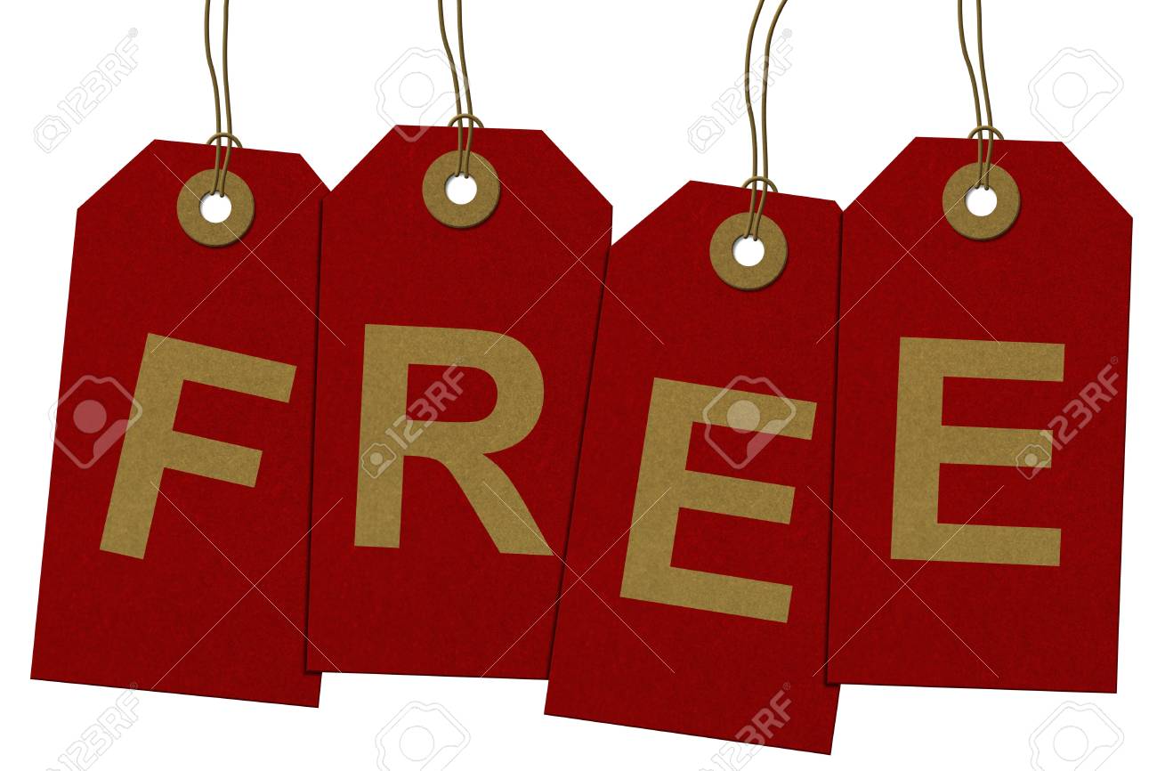 red gift tags with word free in gold isolated on white getting