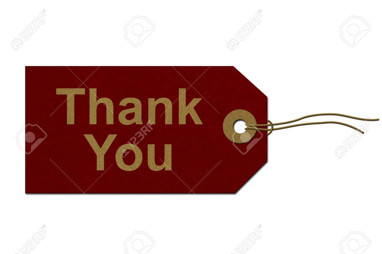 red gift tag with words thank you in gold isolated on white stock