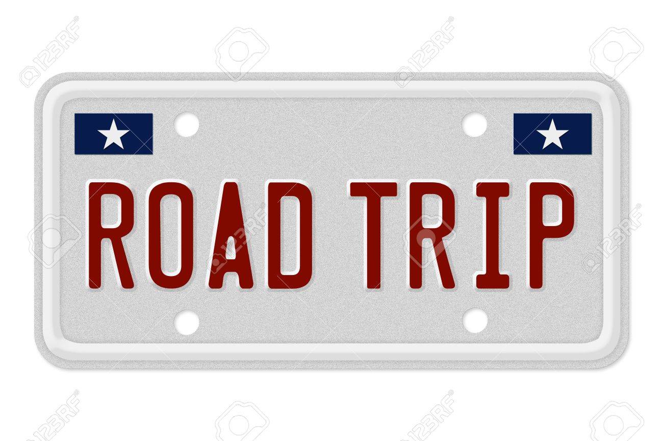 the words road trip on a gray license plate isolated on white