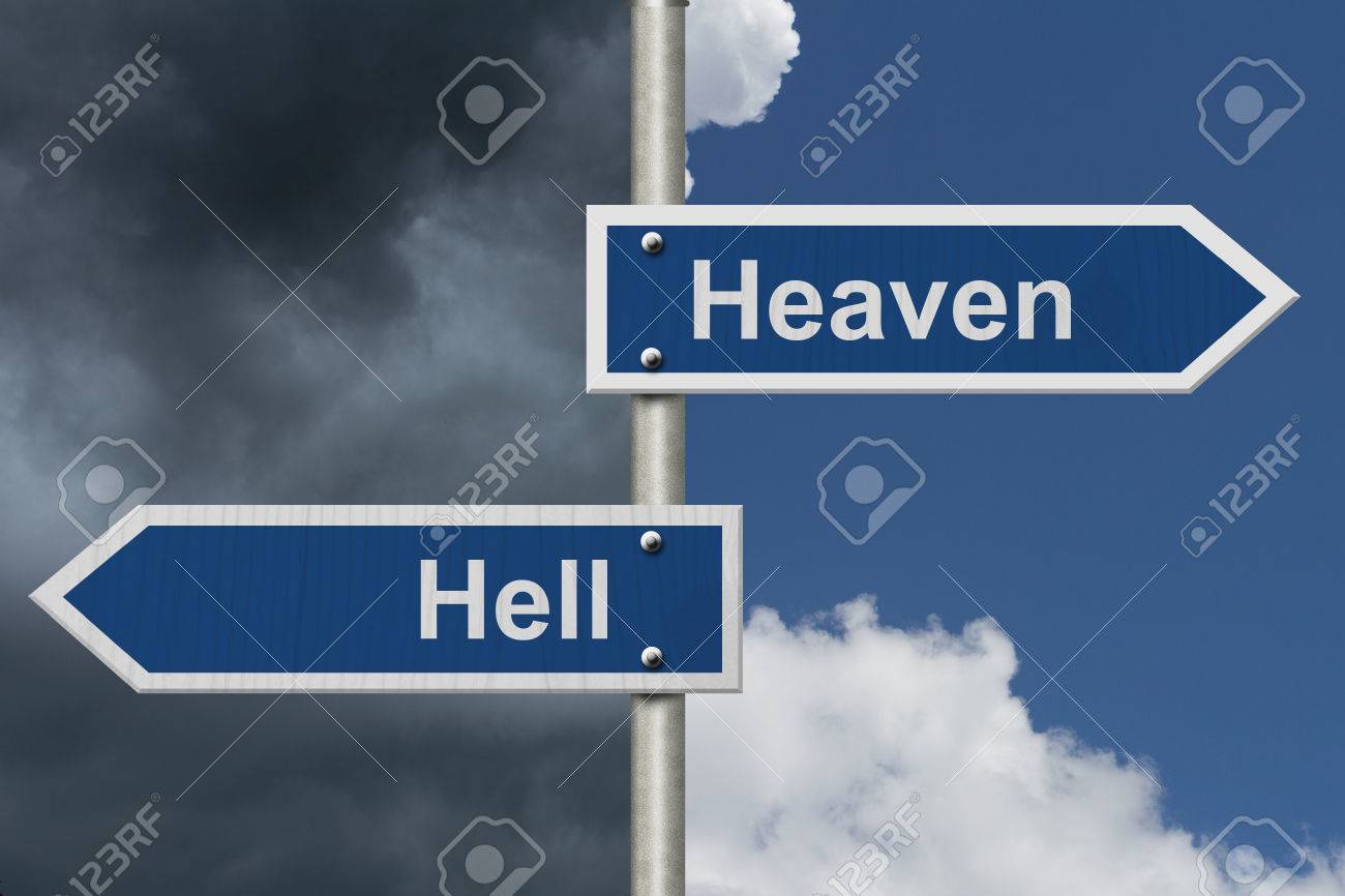 Heaven Or Hell Two Blue Road Sign With Text Heaven And Hell