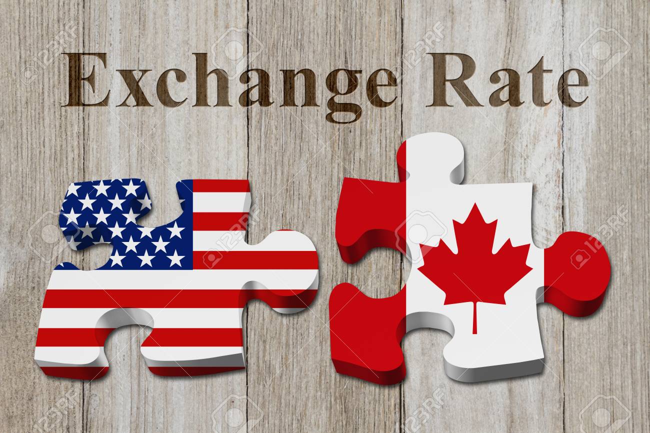 為替のレートは米ドルからカナダ ドル、2 つのパズルのテキスト為替レートと風化した木のアメリカとカナダのフラグとピースの写真素材・画像素材 Image  87554709