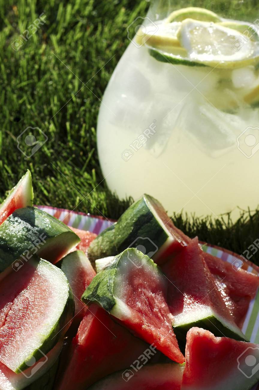 Pitcher Of Lemonade Plate Of Watermelon Vase Of Sunflowers