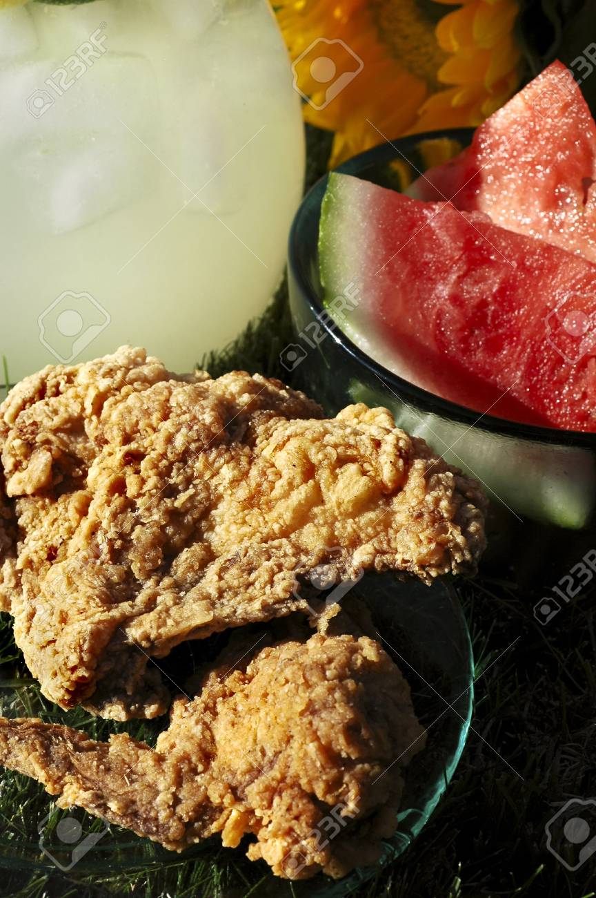 Pitcher Of Lemonade Plate Of Chicken Bowl Of Watermelon Vase