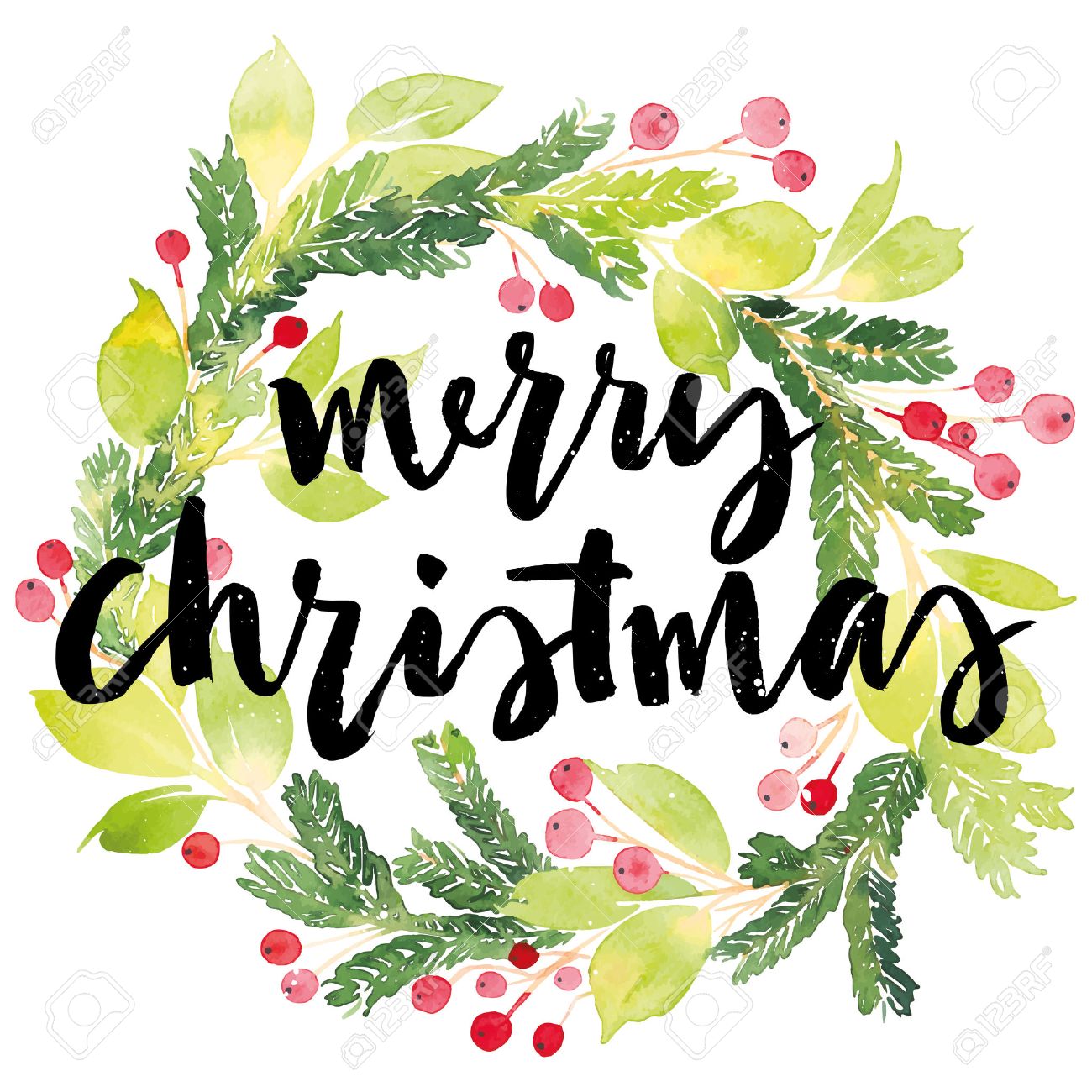 christmas card watercolor painting hand lettering wreath for