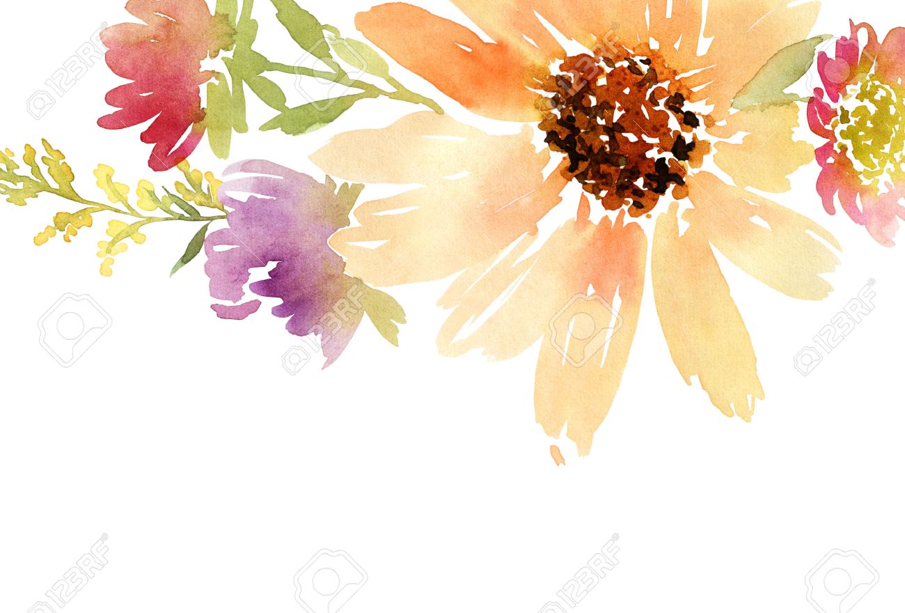 Postcard Watercolor Sunflowers Wedding Floral Background Stock
