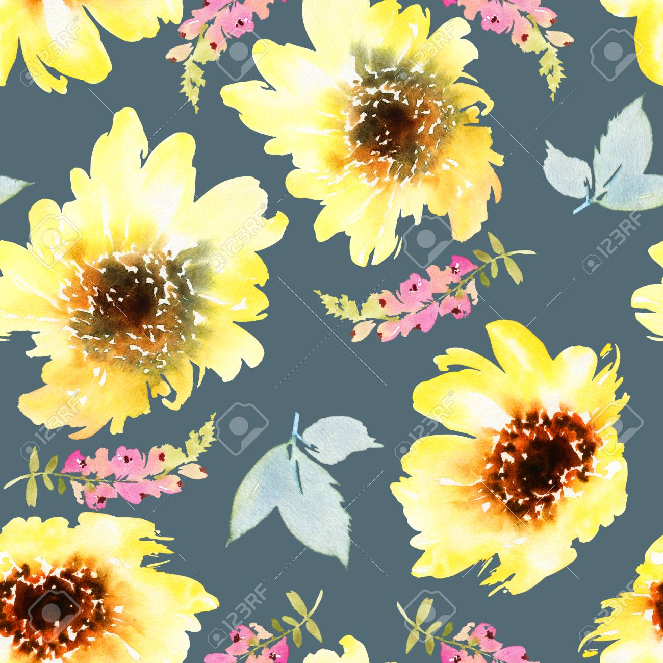 ひまわりのシームレスなパターン 水彩イラスト 秋 手作り の写真素材 画像素材 Image