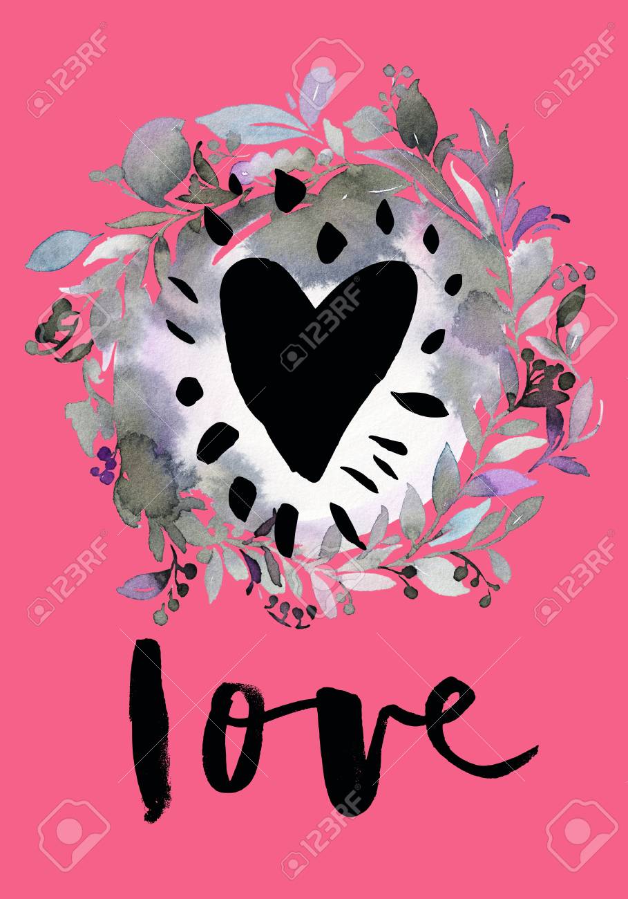 Carte Postale A La Saint Valentin Fond Aquarelle Avec Amour Main Lettrage Imprimer Pour T Shirt Banque D Images Et Photos Libres De Droits Image