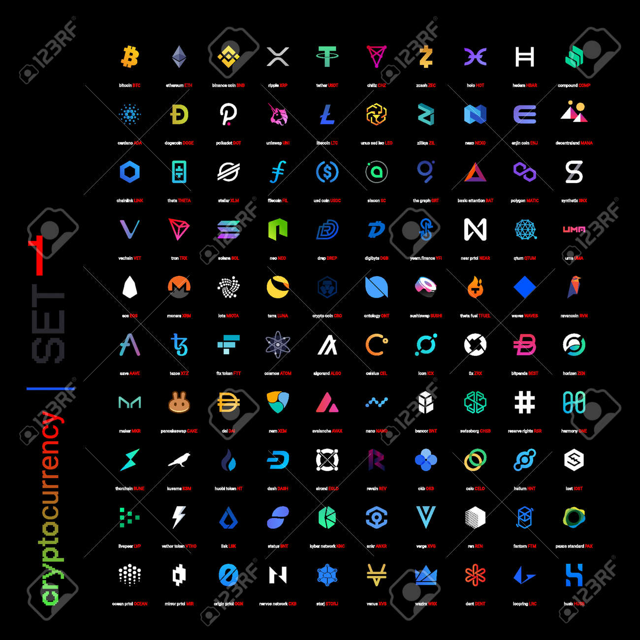 Crypto Currency Coins Digital Payment System Blockchain Concept. Cryptocurrency  Logo Set Collection Vector Illustration Royalty Free SVG, Cliparts,  Vectors, and Stock Illustration. Image 179150549.