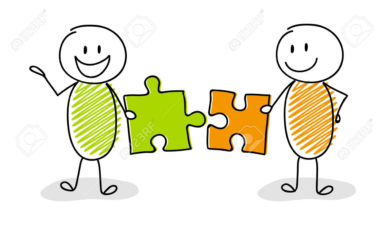Happy stickman setting up puzzles - business concept. Vector. - 106077225 Happy stickman setting up puzzles - business concept. Vector. - 106077225