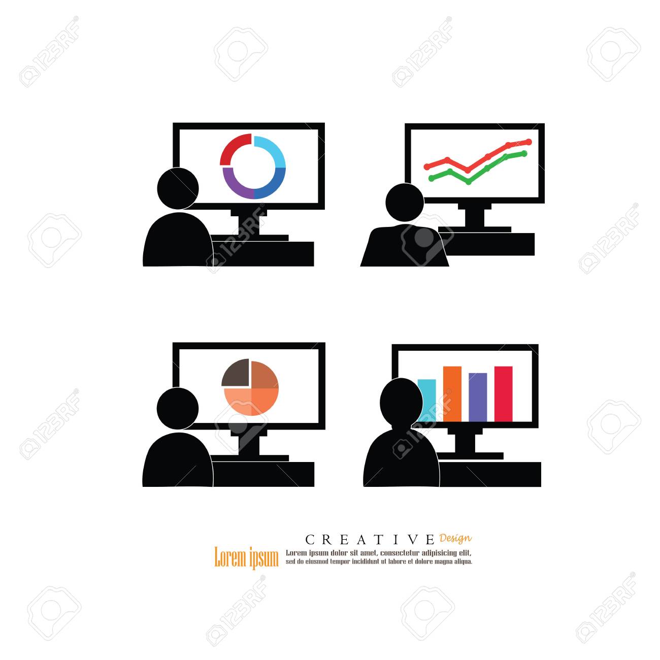 オフィスワーカーは Data Vectorのイラストでコンピュータ画面を見ています のイラスト素材 ベクタ Image