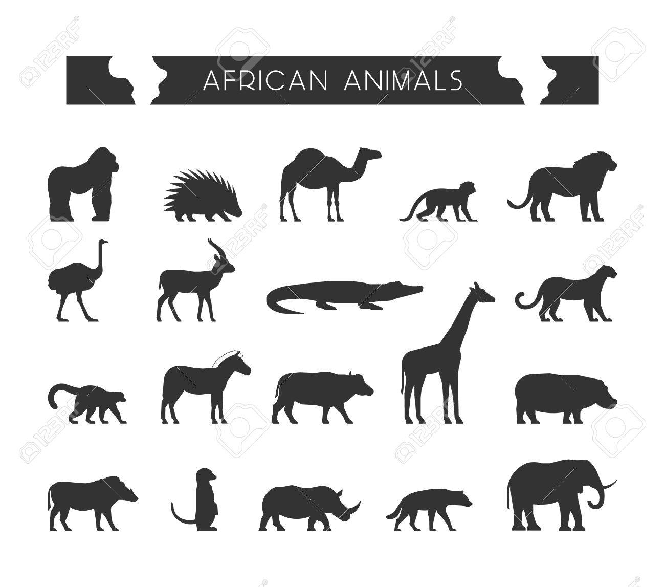 vector-set-silhouettes-of-african-animals-vector-silhouette-of-lion-leopard-monkey-and-crocodile-geometric-black-animals-of-africa-the-black-silhouette-of-a-lemur-giraffe-hyena-and-elephant-royalty-free-svg for Free Printable African Animal Silhouettes Vector Set Silhouettes Of African Animals. Vector Silhouette Of Lion, Leopard, Monkey And Crocodile. Geometric Black Animals Of Africa. The Black Silhouette Of A Lemur, Giraffe, Hyena And Elephant. Royalty Free SVG, for Free Printable African Animal Silhouettes