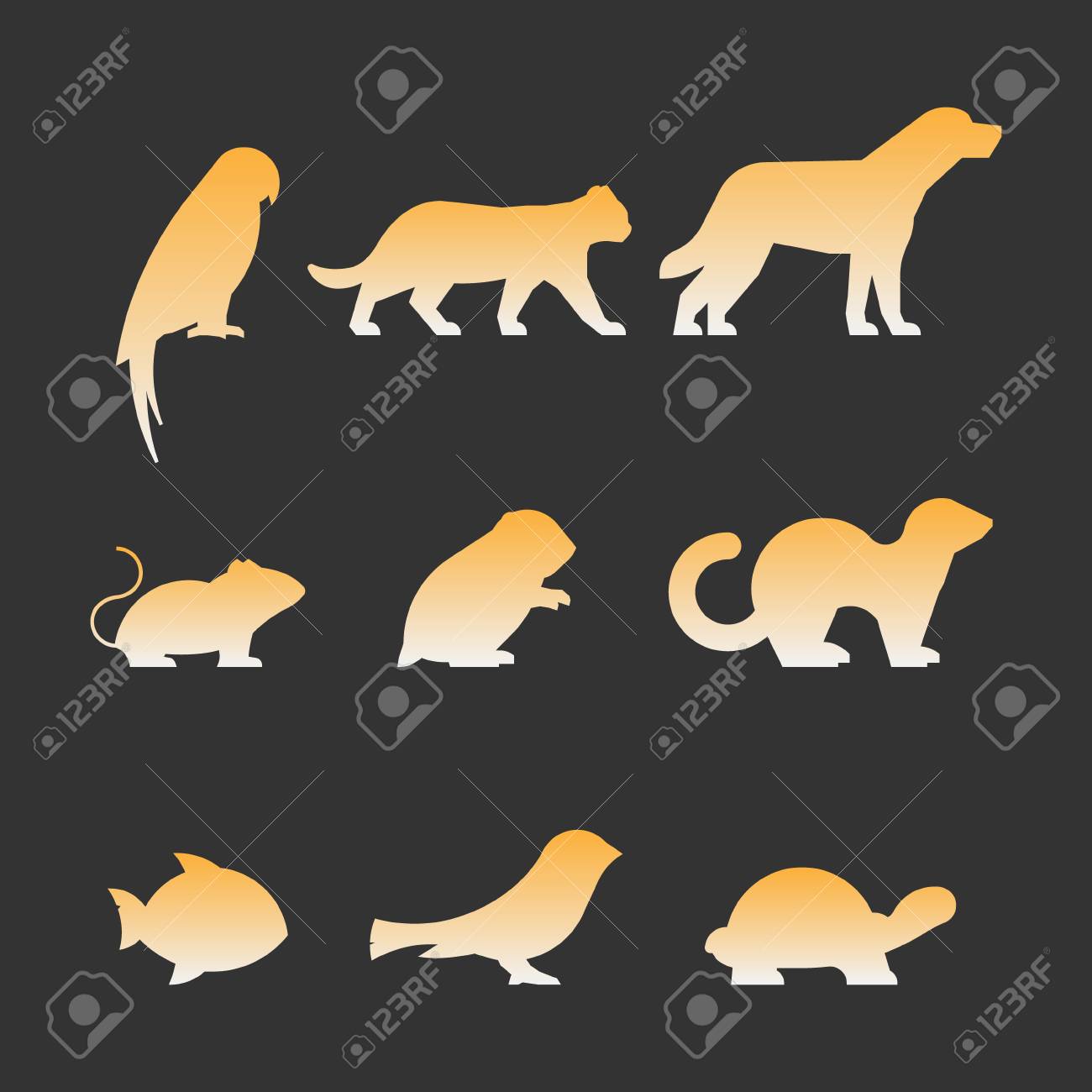 ペットの人物のゴールドのセット 黒は 白で隔離ペットをシルエットします シルエット オウム 猫 犬 マウス ハムスター フェレット 魚 カナリア カメ のイラスト素材 ベクタ Image