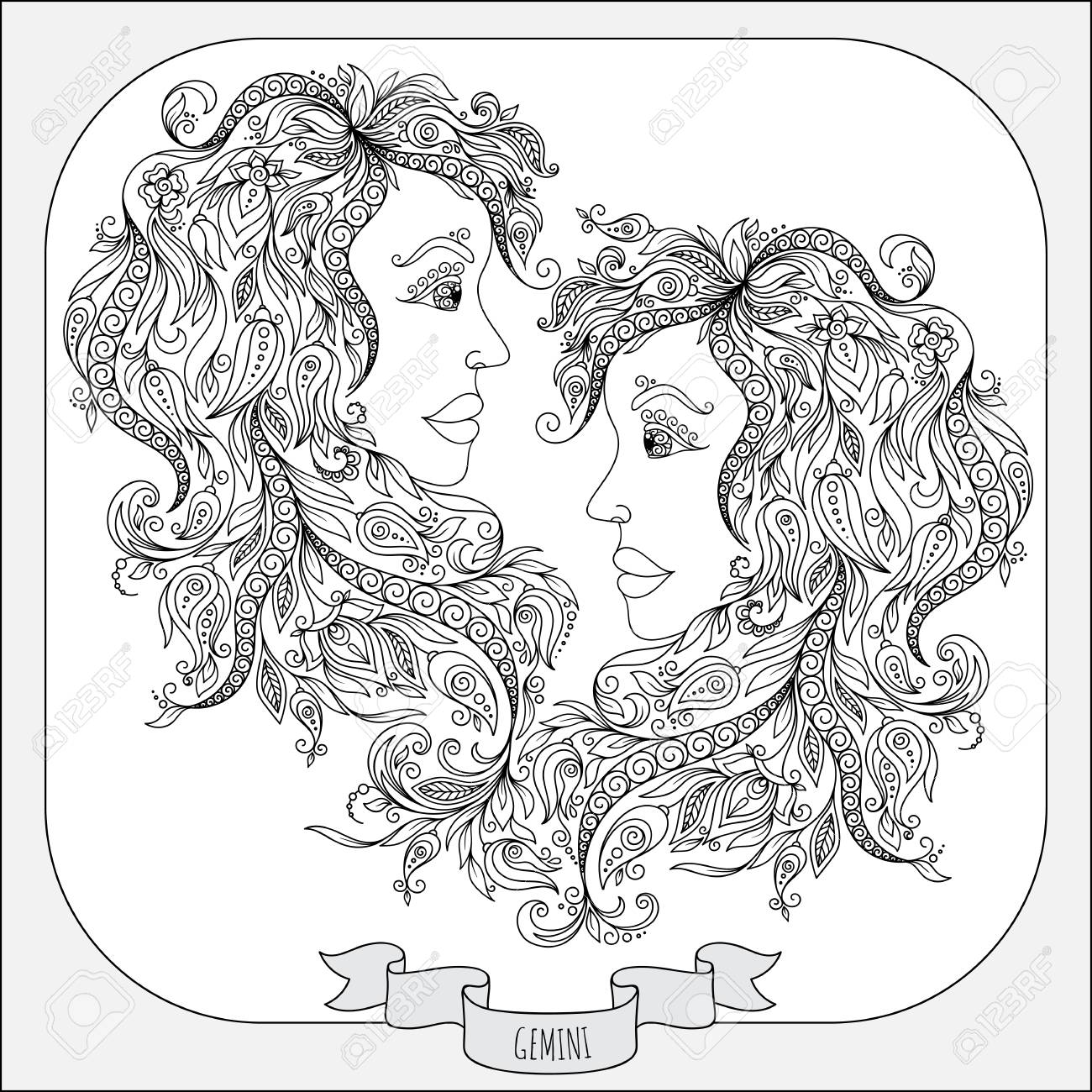 Motif pour livre de coloriage Hand drawn ligne fleurs art du zodiaque Gémeaux Banque