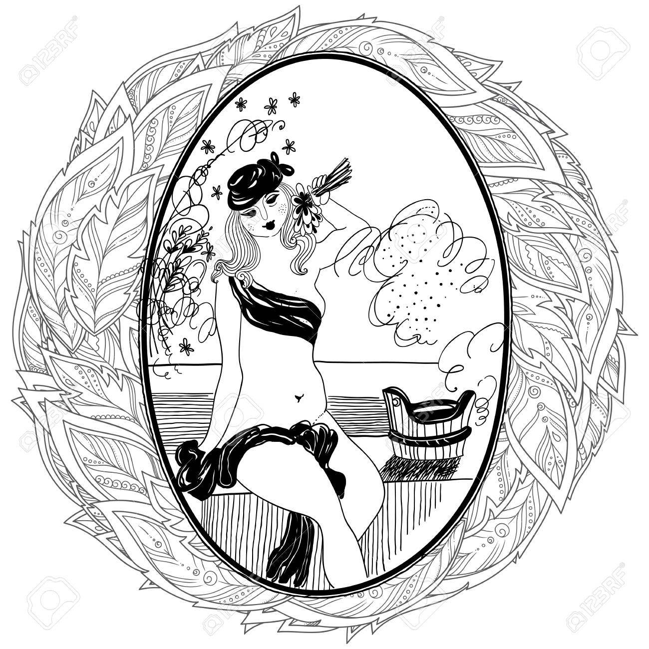 Pattern For Coloring Book Adult Vintage Girl In Bathroom Set Of Illustrations