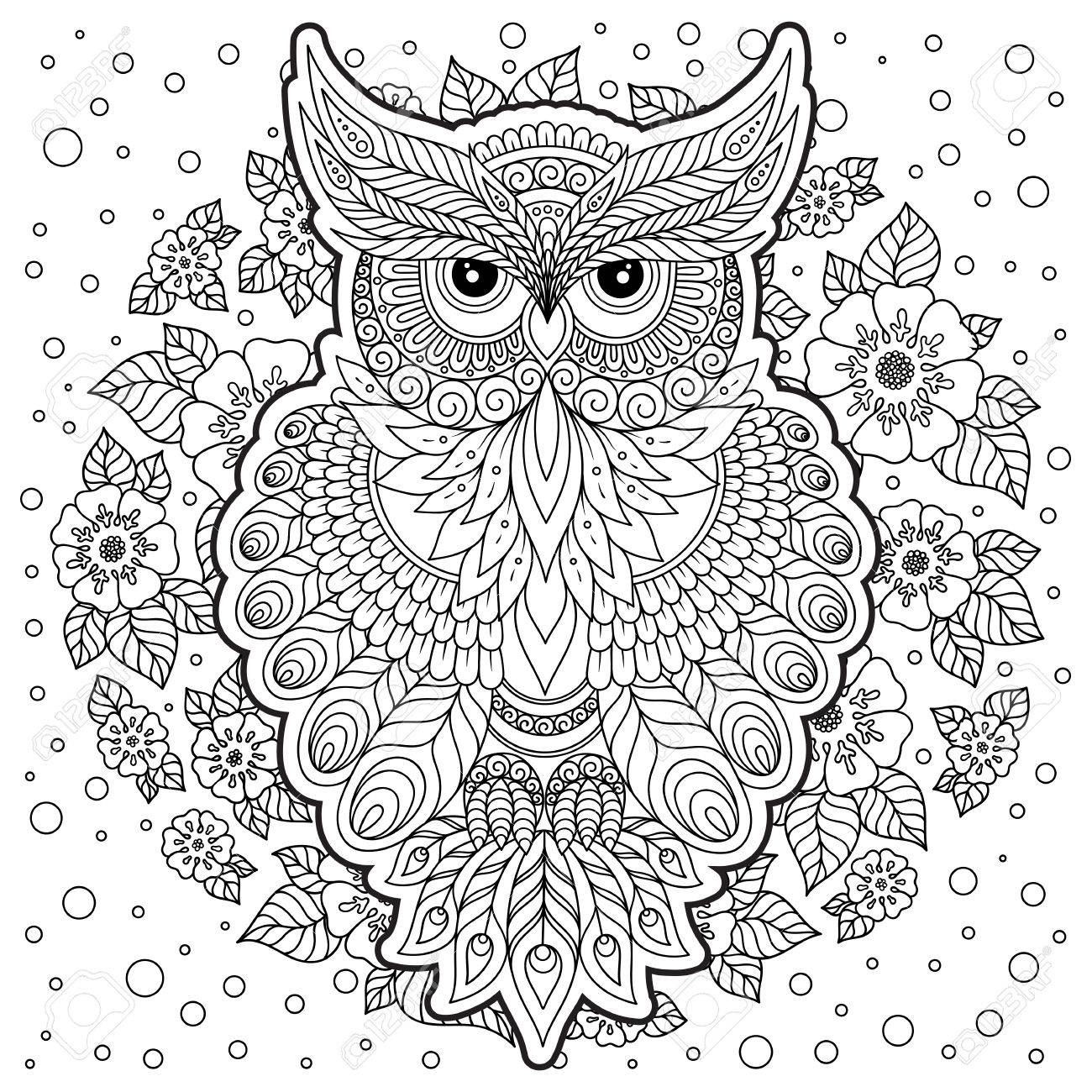 大人およびより古い子供のための塗り絵 かわいいフクロウのページを着色 Zentangle スタイルの見取り図のイラスト素材 ベクタ Image 84560632