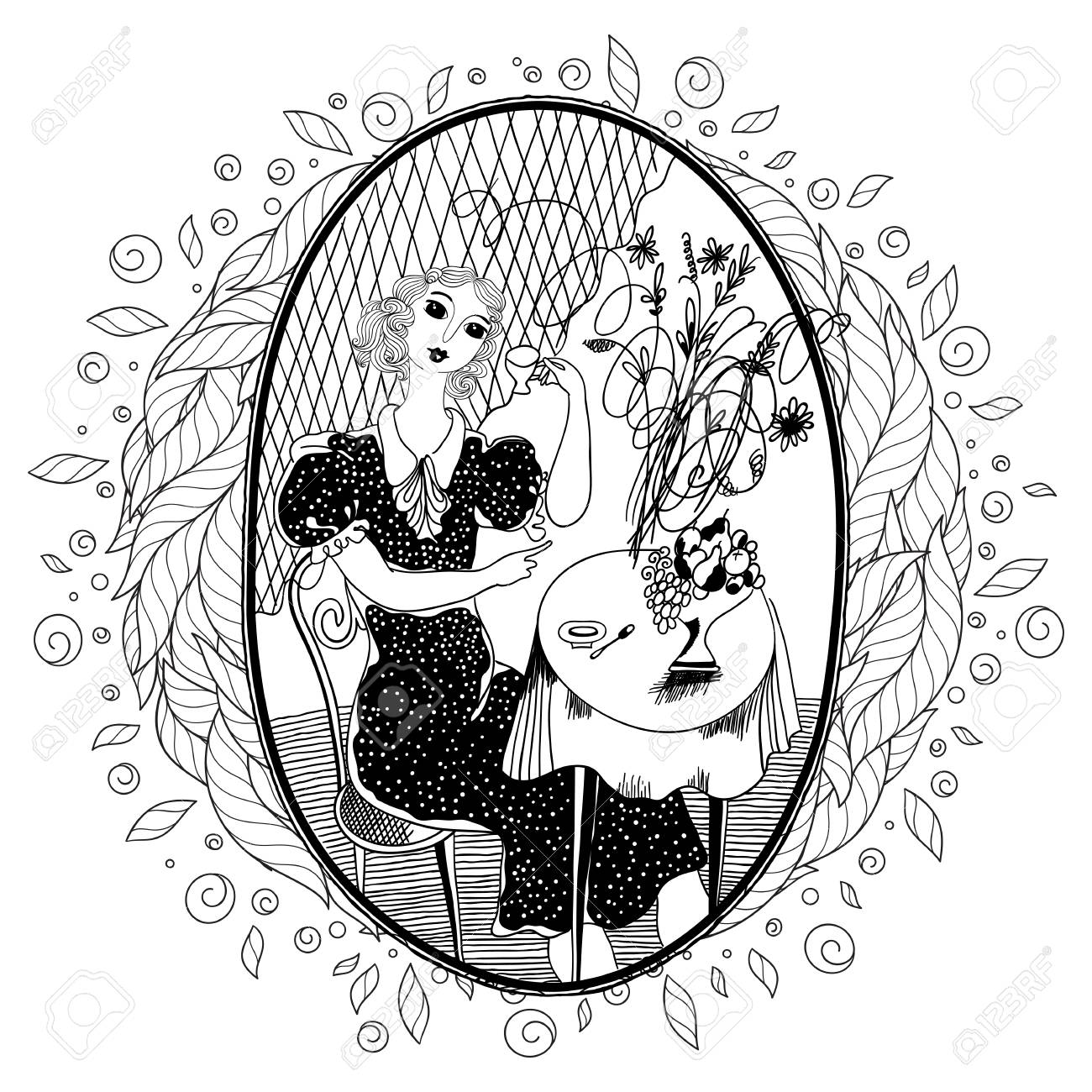 大人の塗り絵のパターン ヴィンテージ少女夏のカフェでコーヒーを飲みます イラストのセットです のイラスト素材 ベクタ Image 84578721