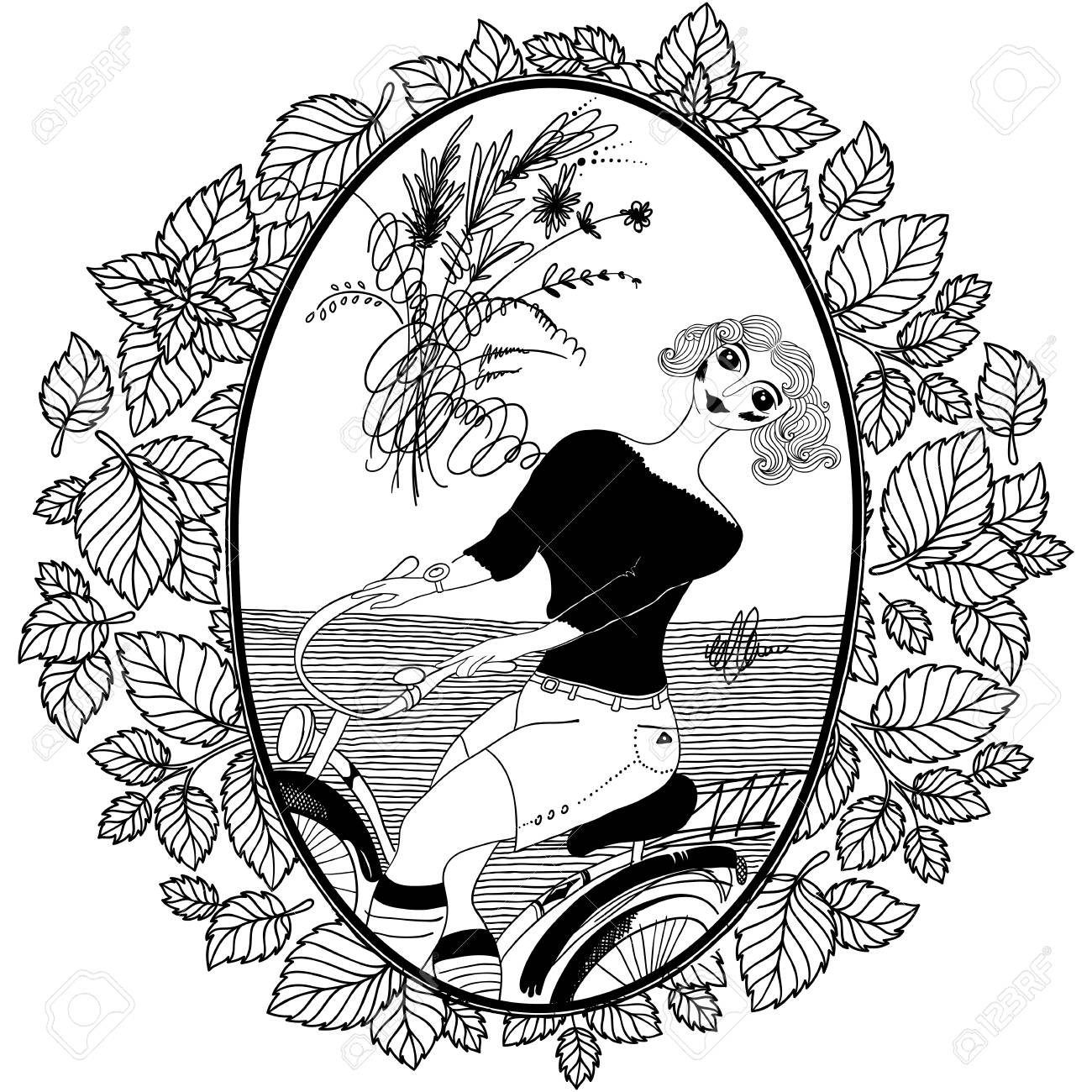大人のための塗り絵のためのパターン ヴィンテージの女の子は自転車に乗る イラストのセット のイラスト素材 ベクタ Image