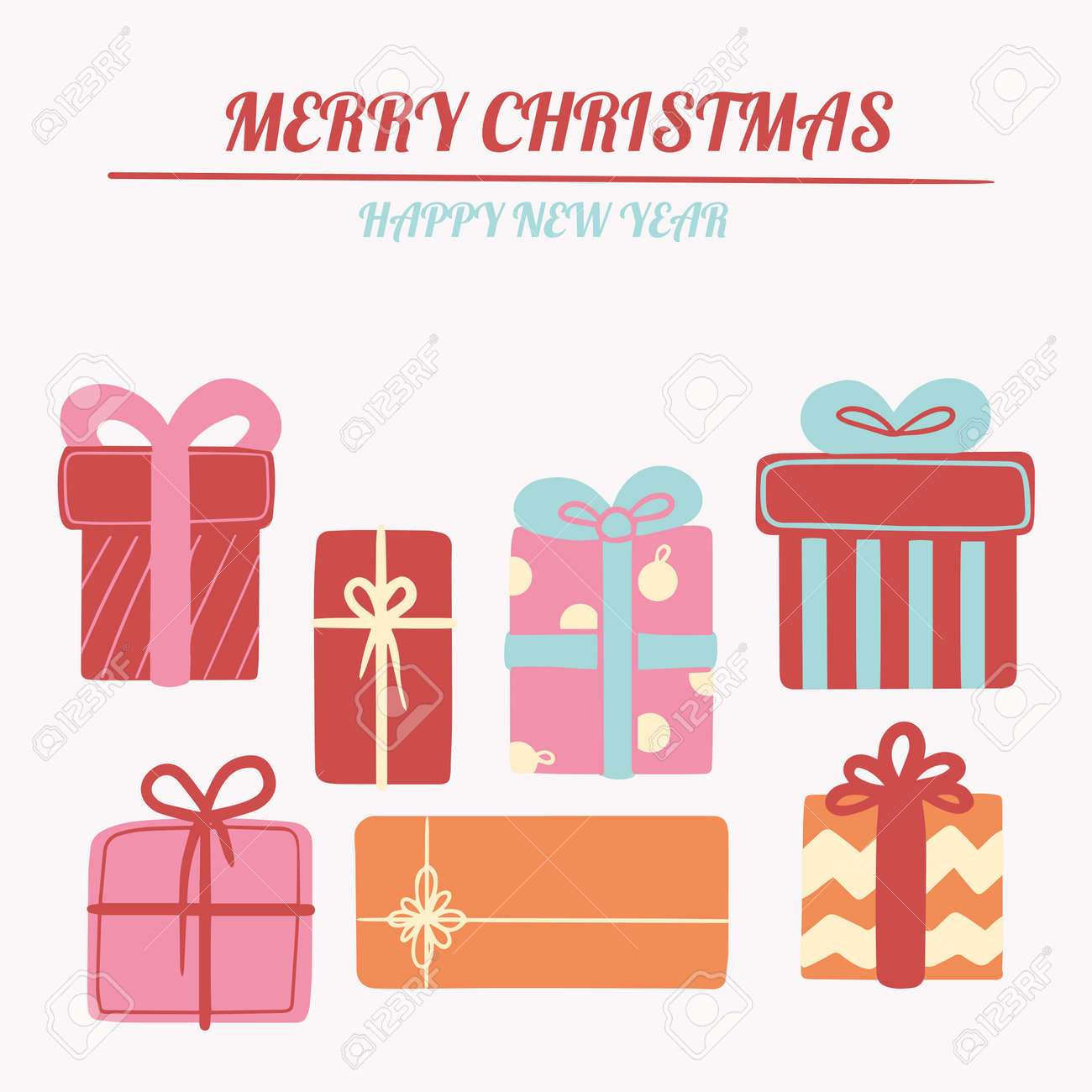 Christmas illustration, New Year card with a set of cute gifts. Vector banner for social networks, postcards, marketing materials, textures, social networks, mobile applications. - 159029334 Christmas illustration, New Year card with a set of cute gifts. Vector banner for social networks, postcards, marketing materials, textures, social networks, mobile applications. - 159029334