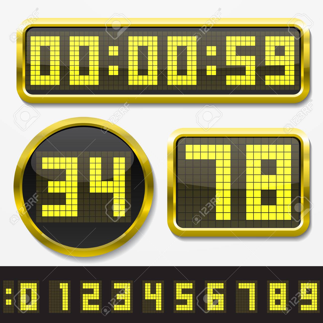デジタル数字と時計の基本的な体の形を設定します 2 倍の解像度のドット スタイル 黄色い数字とゴールデン ボディー版 のイラスト素材 ベクタ Image