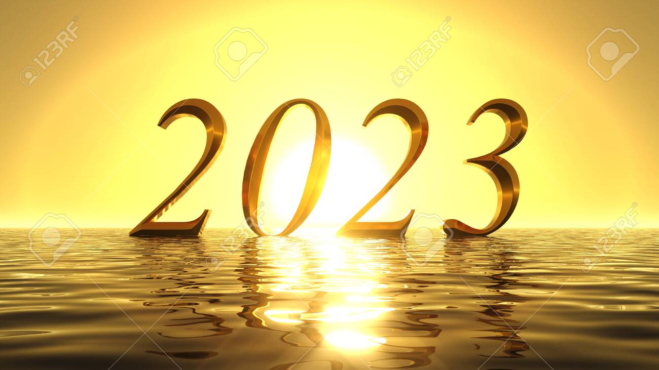 Calendrier Soleil 2023 Lever De Soleil Paradisiaque Sur La Mer Dorée Avec La Date De L'année 2023  Devant Le Soleil. Adapté Au Calendrier, À La Mer Et Aux Thèmes Religieux.  Illustration 3D Banque D'images Et