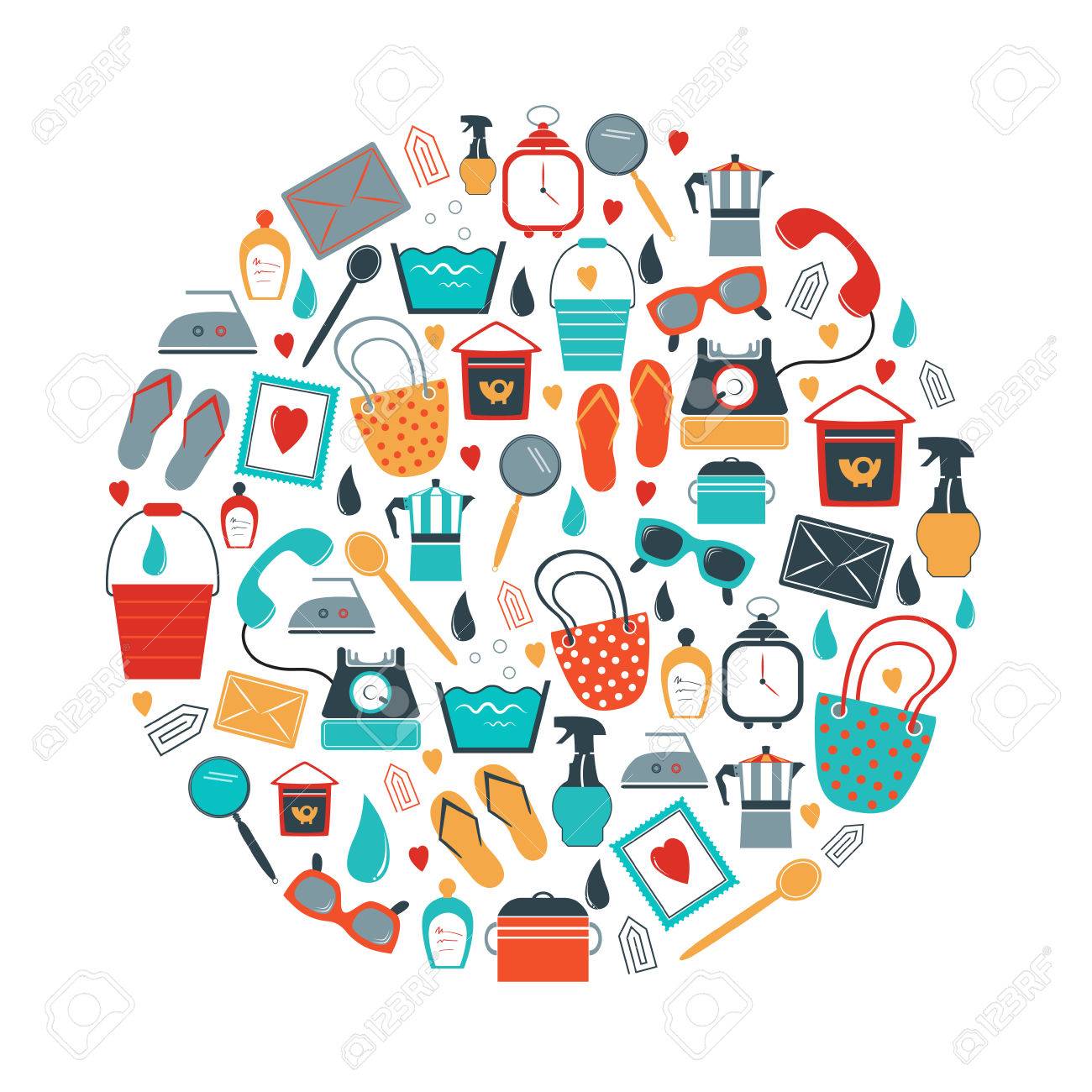 Circle Set Of Woman House Stuff, Needs Flat Icon Shapes. Trend ... Circle Set Of Woman House Stuff, Needs Flat Icon Shapes. Trend ...