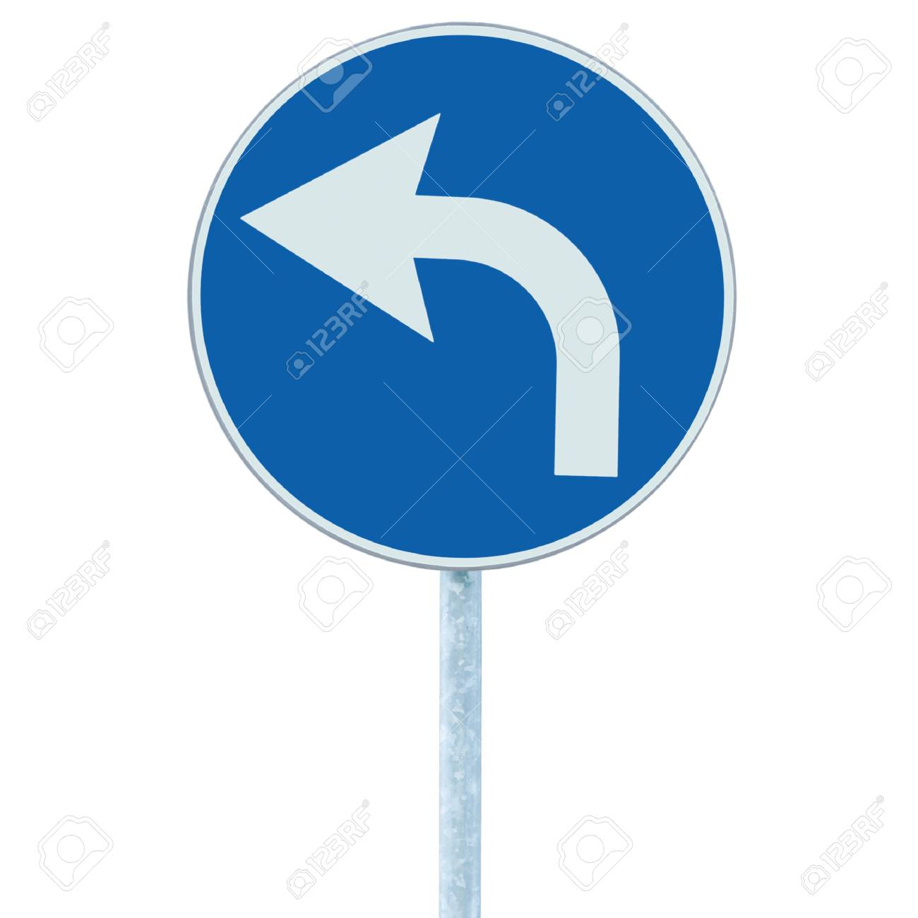 Turn Left Ahead Sign Blue Round Isolated Roadside Traffic Signage Stock Photo Picture And Royalty Free Image Image