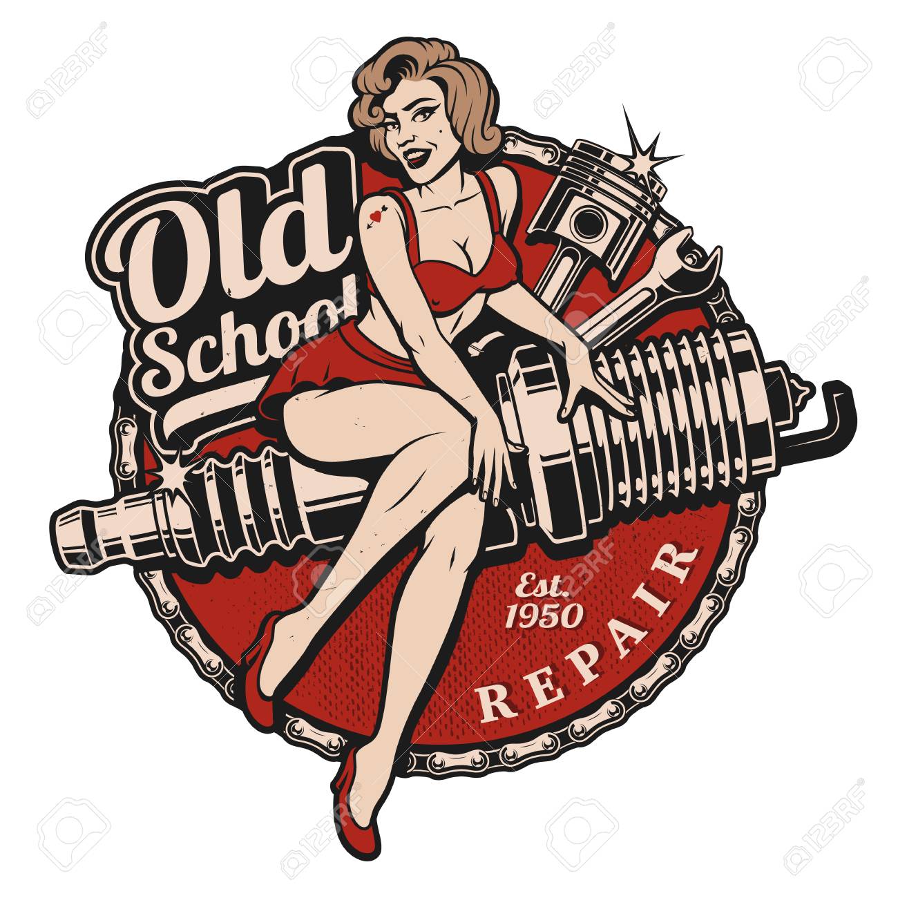 Spark Plug Pin Up Girl illustration with piston and wrench. Vintage style. All elements, text are on the separate layer. - 96908350 Spark Plug Pin Up Girl illustration with piston and wrench. Vintage style. All elements, text are on the separate layer. - 96908350