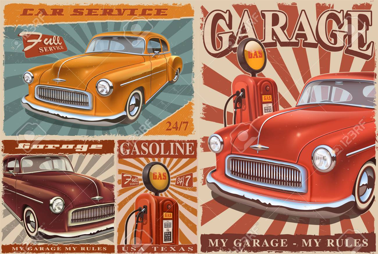 set of vintage car posters stock photo 103775618
