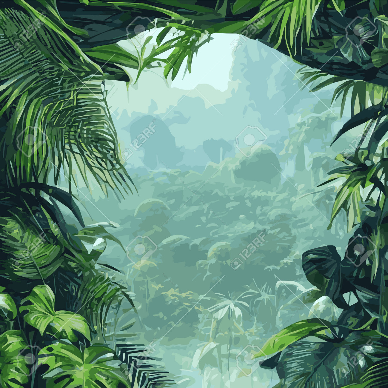 Jungle Tropical Background. Jungle Landscape Background Illustration, With  Decorations Made From Leaves And Foliage Royalty Free SVG, Cliparts,  Vectors, and Stock Illustration. Image 193512183., image size:1300x1300