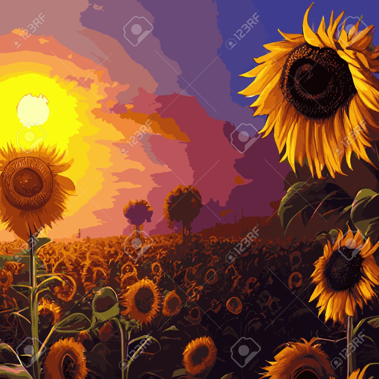 ベクターイラスト、ヒマワリの花、夕暮れの田園風景油絵と金色の