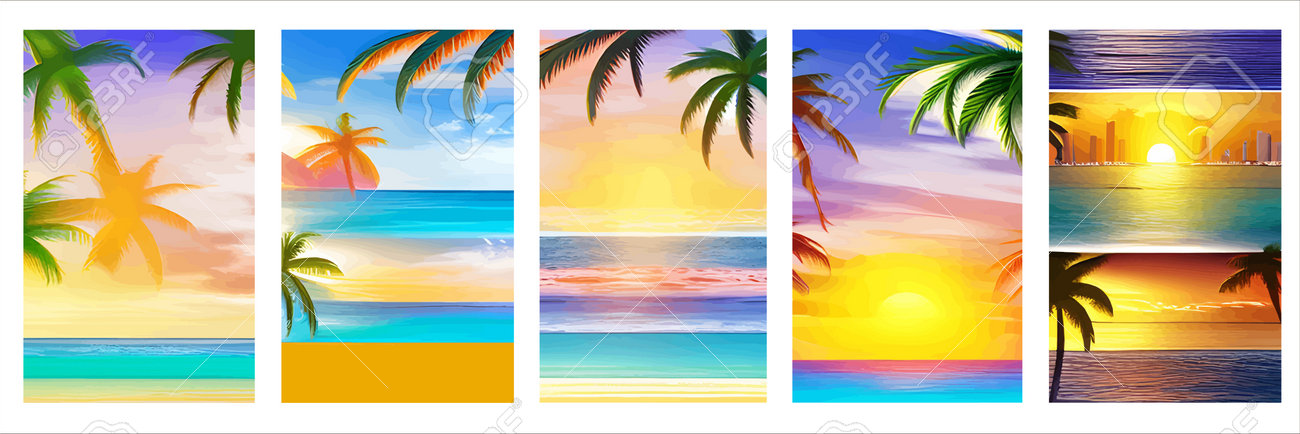 Scheda con la spiaggia al tramonto delle palme della siluetta realistica. paesaggio tropicale con cielo soleggiato, spiaggia di palme. tropici delle vacanze estive con piante, onde del mare dell'oceano. vector set manifesti verticali turismo - 191481716 Scheda con la spiaggia al tramonto delle palme della siluetta realistica. paesaggio tropicale con cielo soleggiato, spiaggia di palme. tropici delle vacanze estive con piante, onde del mare dell'oceano. vector set manifesti verticali turismo - 191481716