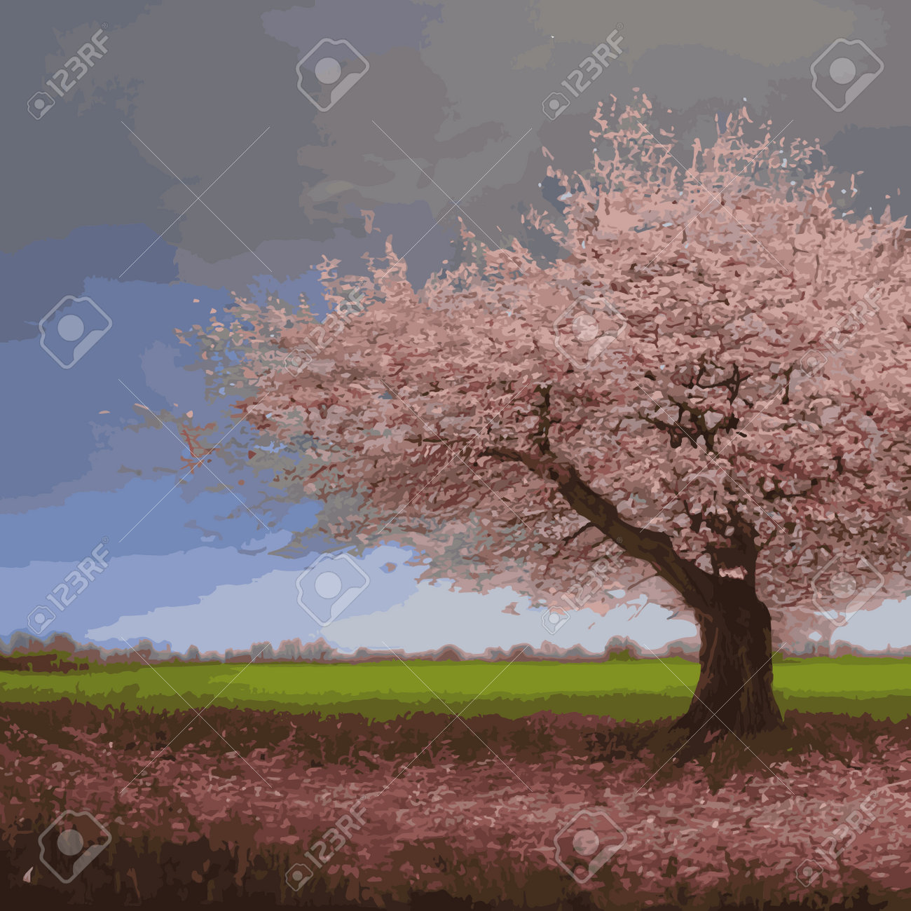 リアルな桜の木。エレガントな日本語のキャラクター。緑の牧草地に