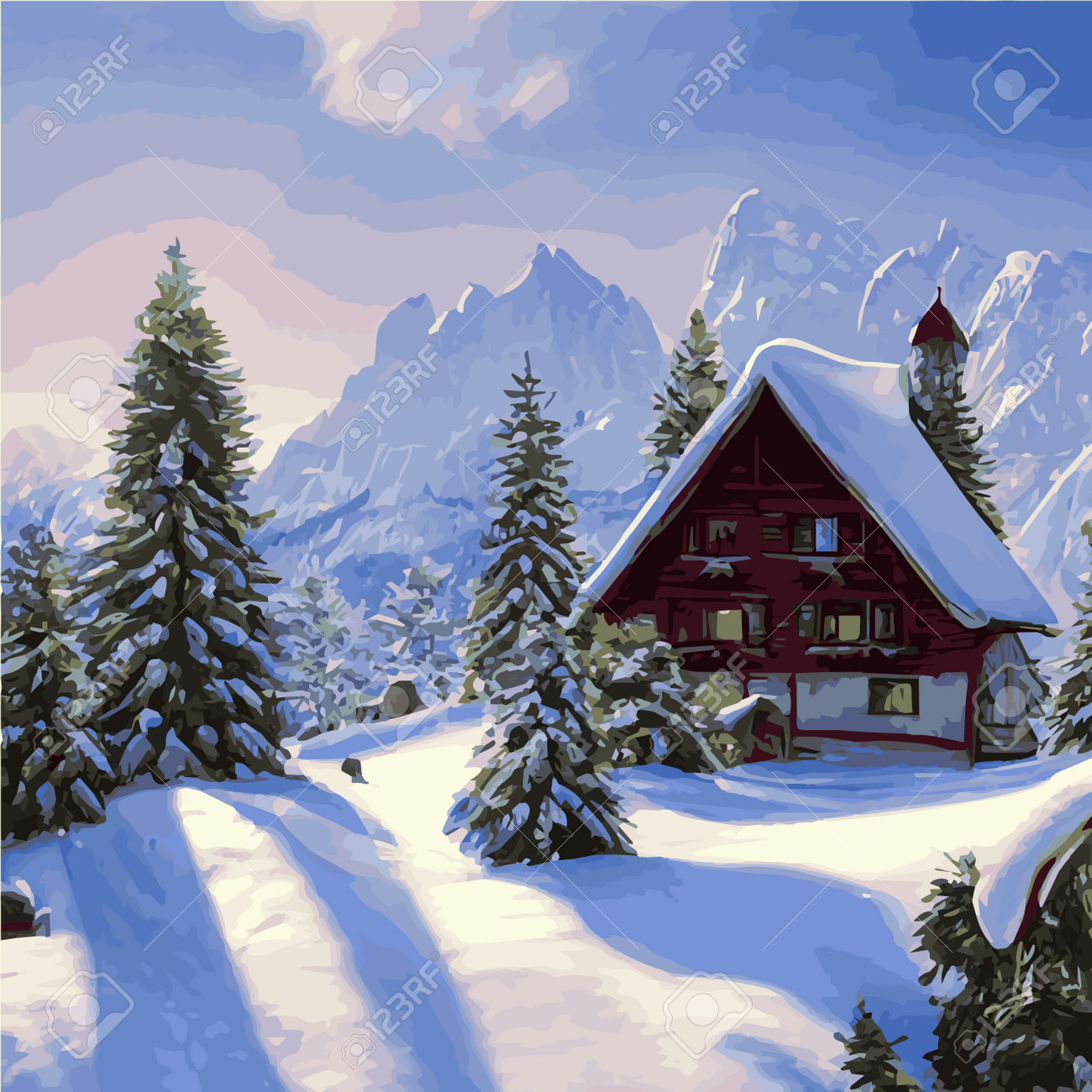 Winter Mountain Landscape With Wooden House, Chalet, Snow, Illuminated  Mountain Peaks, Hill, Forest, Vector Flat Royalty Free SVG, Cliparts,  Vectors, and Stock Illustration. Image 193773401., image size:1300x1300
