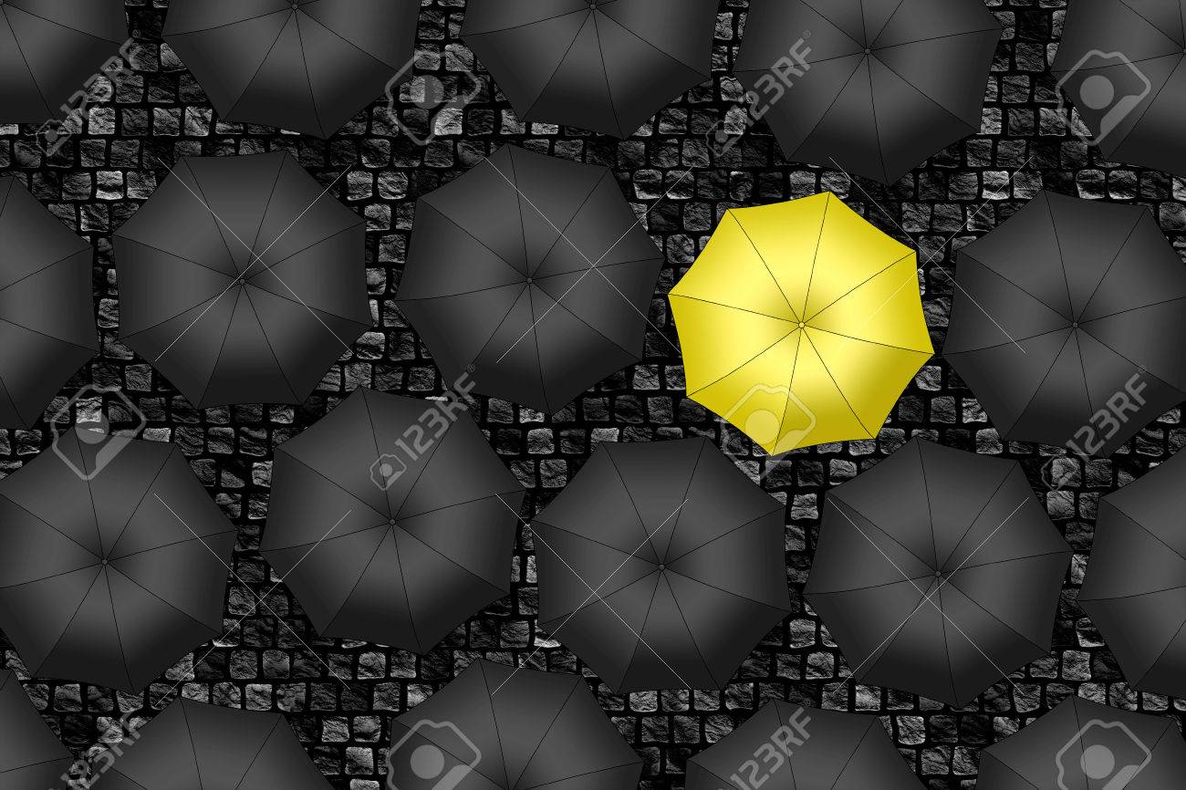 Yellow Umbrella Bright Yellow Umbrella Among Set Of Black