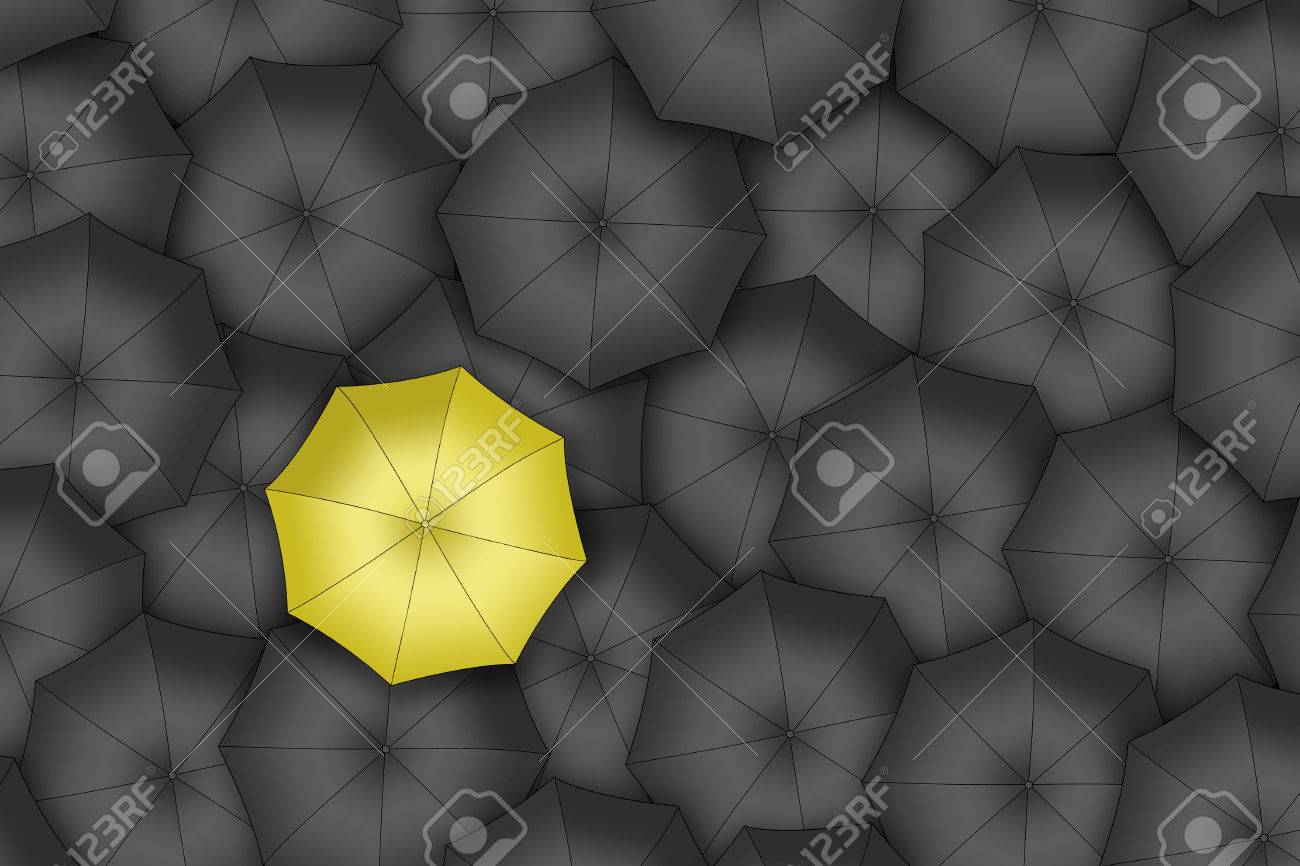 Yellow Umbrella Bright Yellow Umbrella Among Set Of Black