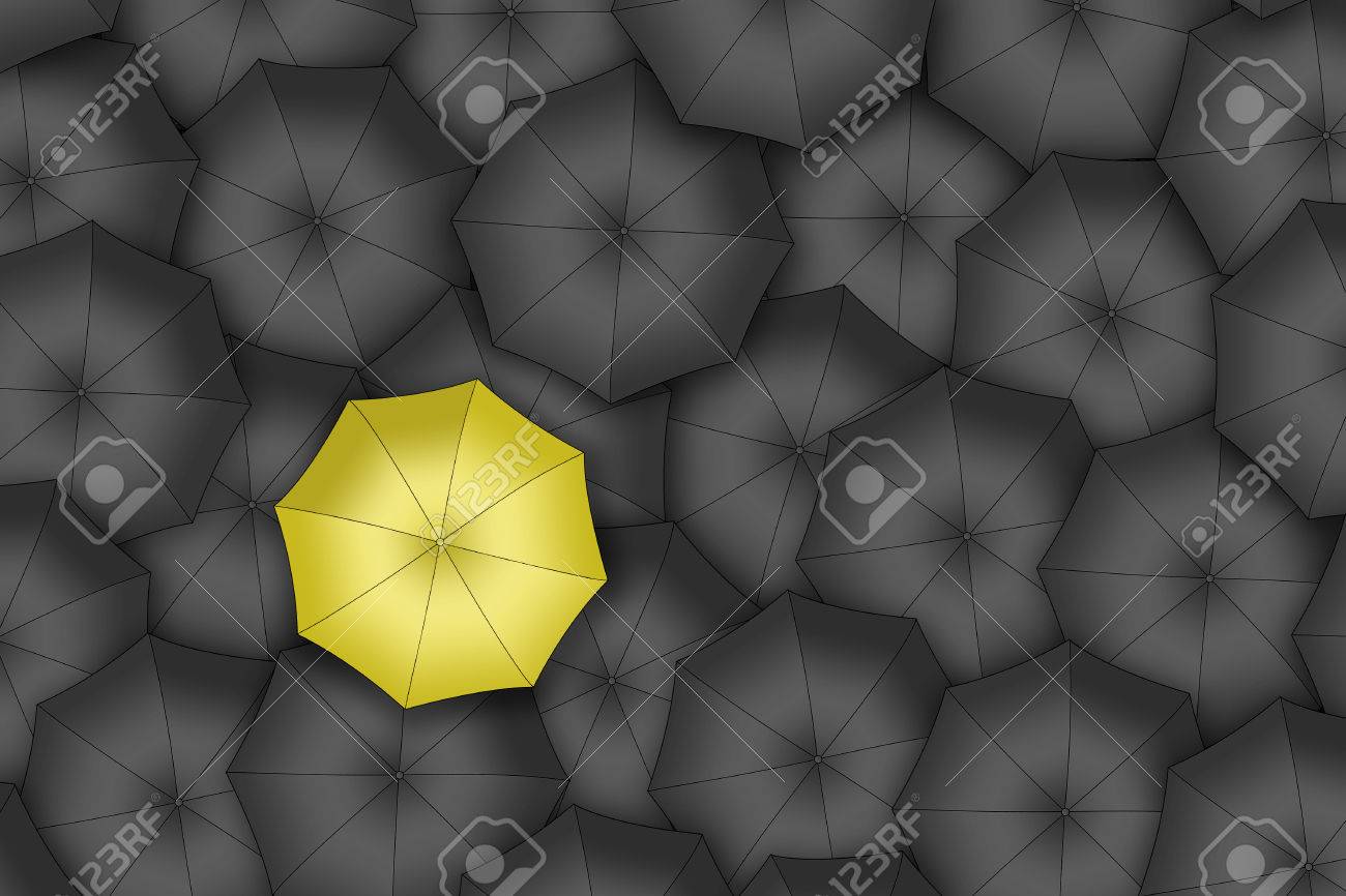 Yellow Umbrella Bright Yellow Umbrella Among Set Of Black