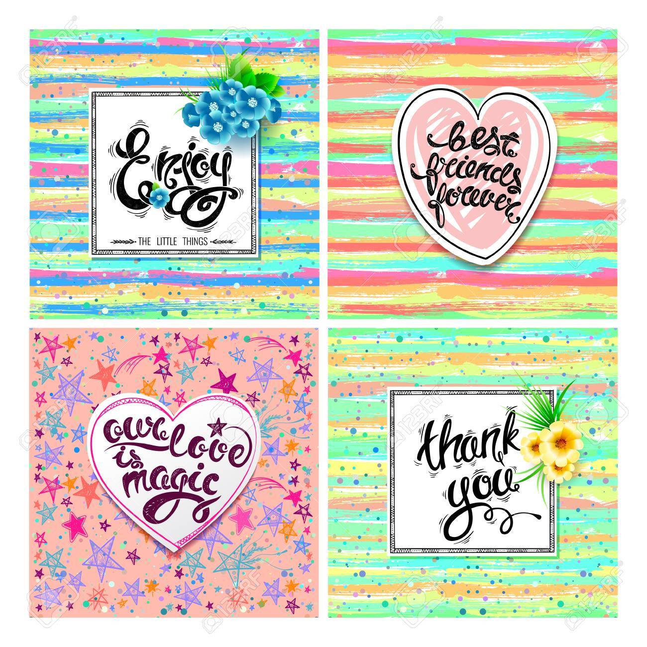 親友は永遠をお楽しみください 私たちの愛はマジック ありがとうございます グリーティング カード 手描き文字 意欲のベクトルを設定します のイラスト素材 ベクタ Image