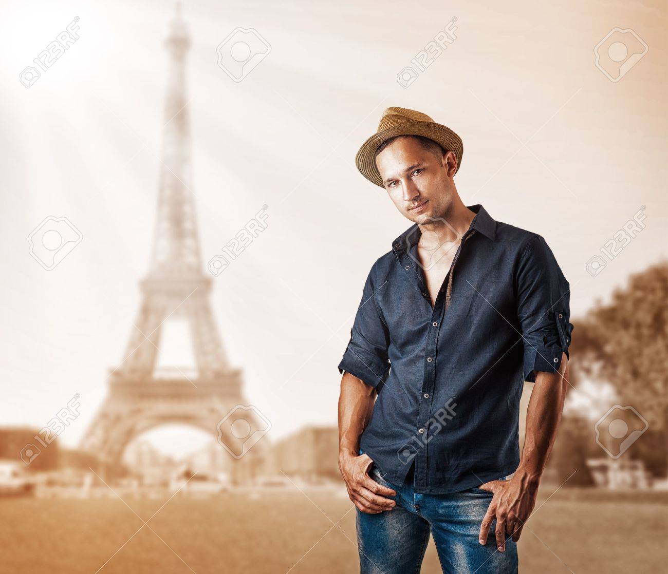 dark blue shirt and jeans