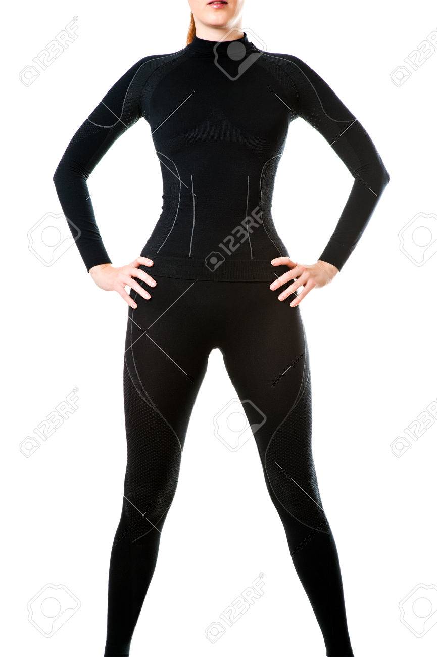 Ajuste A La Mujer Sexy En Deportes Calientes Negros De La Ropa Interior Térmica Para El Esquí Alpino Aislado En Blanco Fotos, Retratos, Imágenes Y Fotografía De Archivo Libres De Derecho. Image