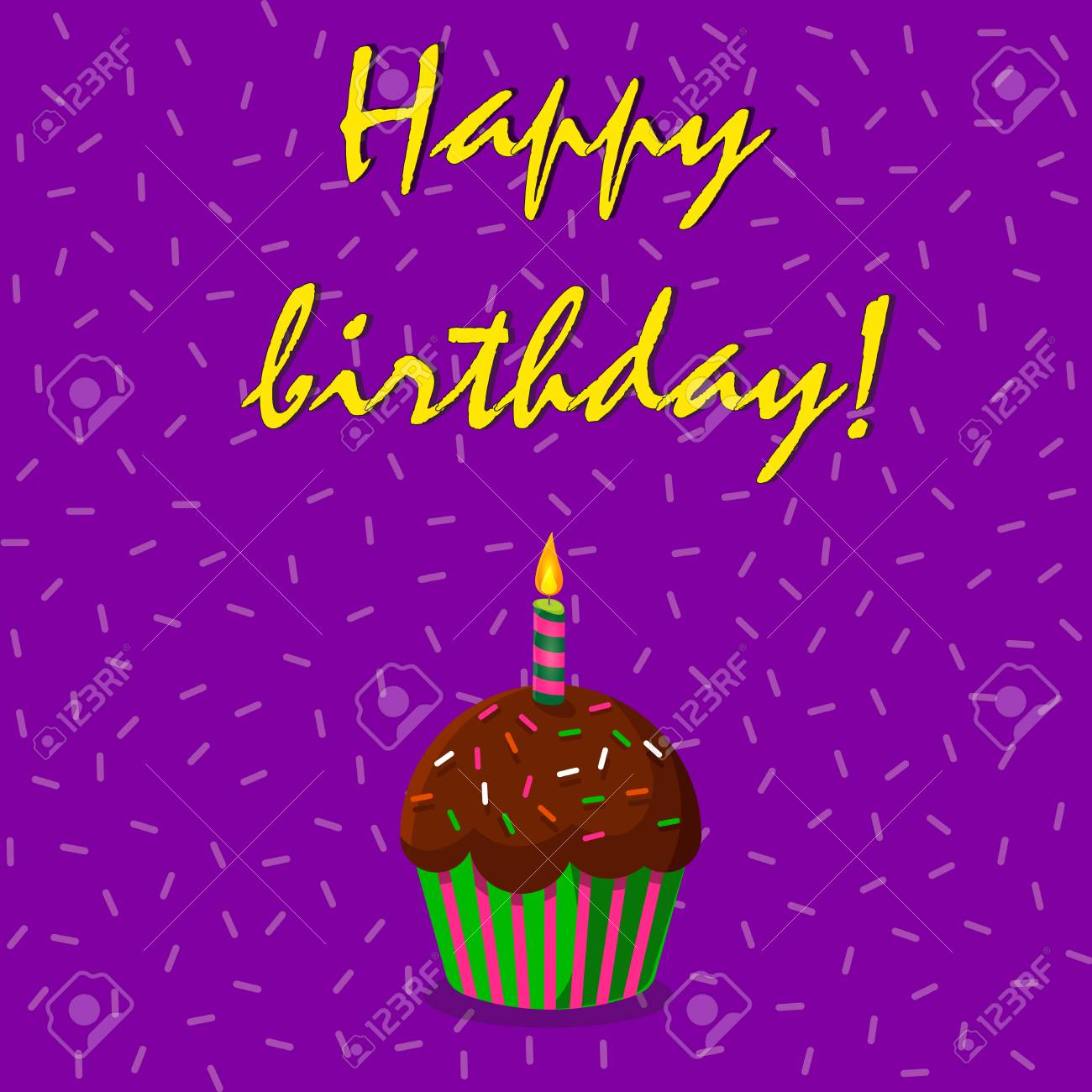 Happy Birthday Card With Chocolate Cup Cake And Burning Candle