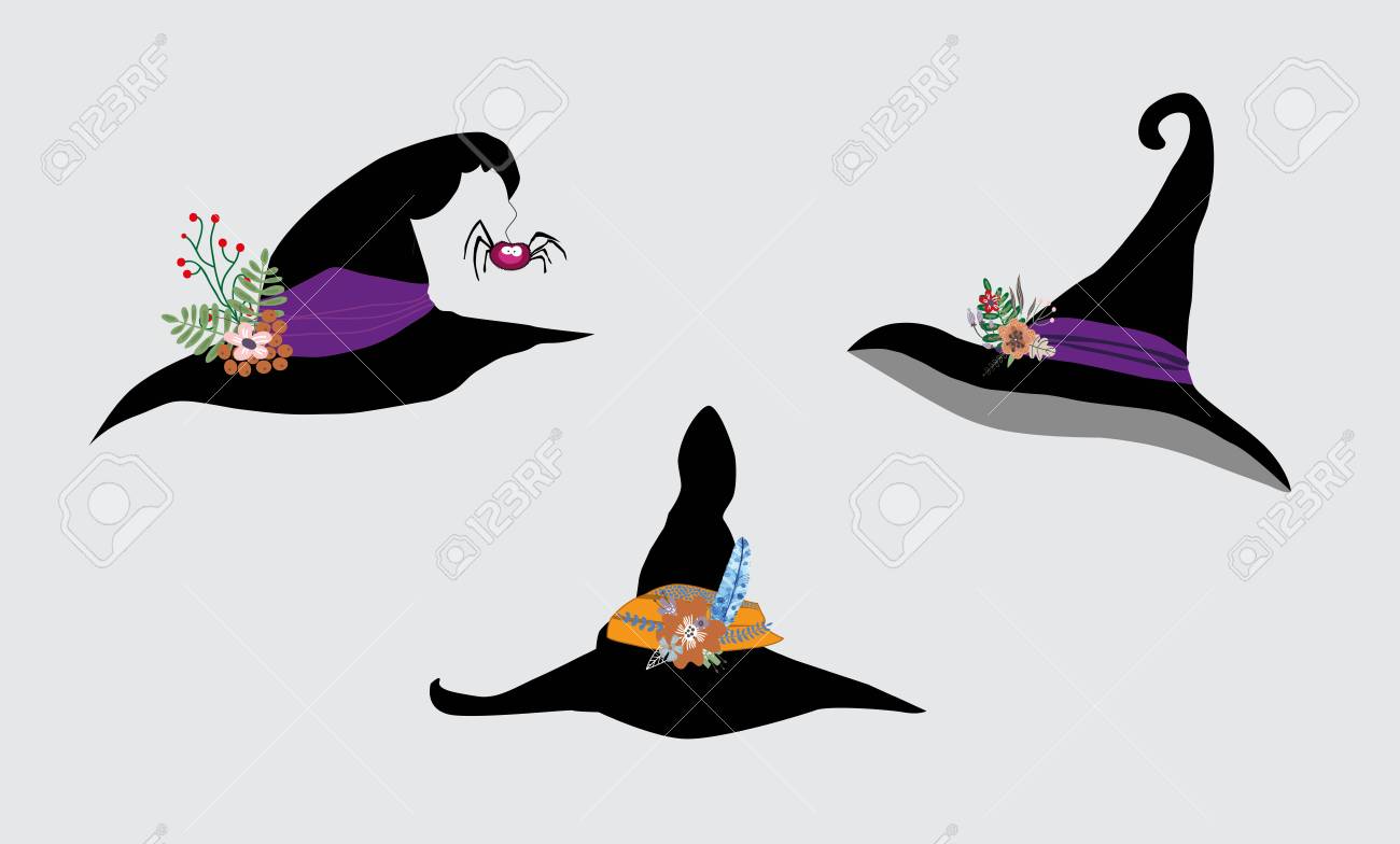 魔女帽子のイラスト花とクモ飾られています のイラスト素材 ベクタ Image 3422