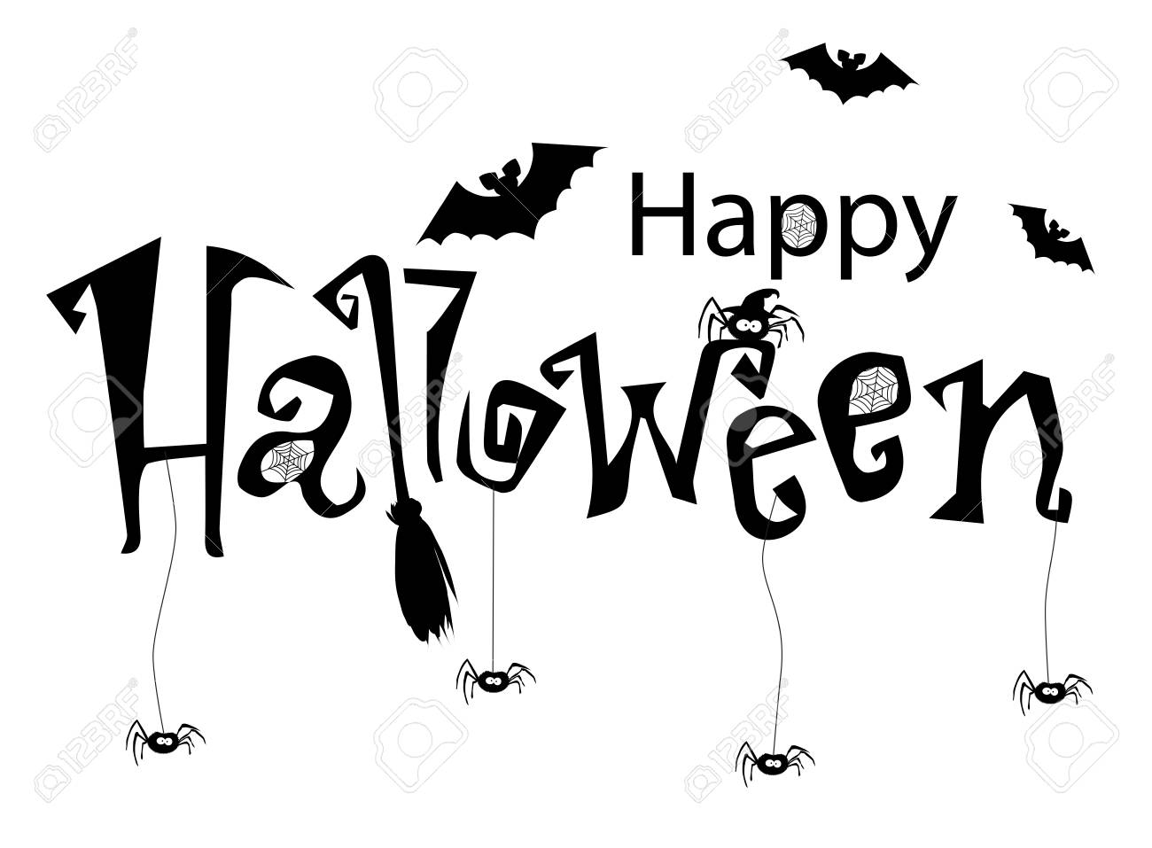 Happy Halloween Text Banner Vector Monochrome Illustration With Spiders Broomstick And Bats Isolated On White Background Royalty Free Cliparts Vectors And Stock Illustration Image