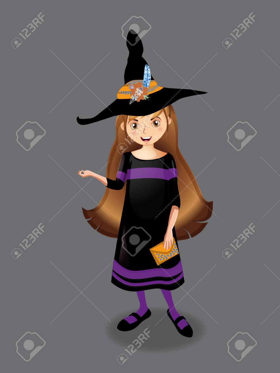 美しい長い髪と黒い瞳が灰色の背景上に分離されて若い魔女ハロウィーン ベクトル イラスト かわいい漫画魔女ベクトル イラスト クリップアート のイラスト素材 ベクタ Image