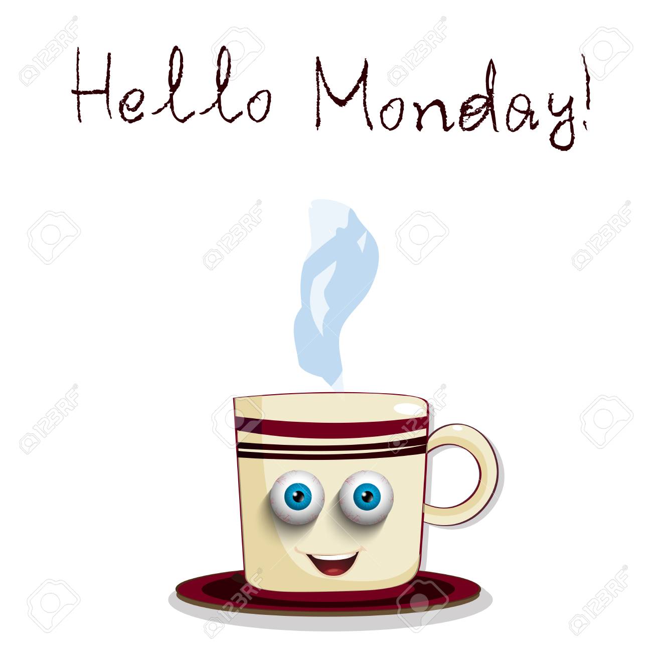 Cute Cartoon Smiling Cup With Blue Sleepy Eyes With Streaks And Text Hello  Monday Isolated On White Background. Vector Illustration, Clip Art. Royalty  Free SVG, Cliparts, Vectors, and Stock Illustration. Image 88885905., image size:1300x1300