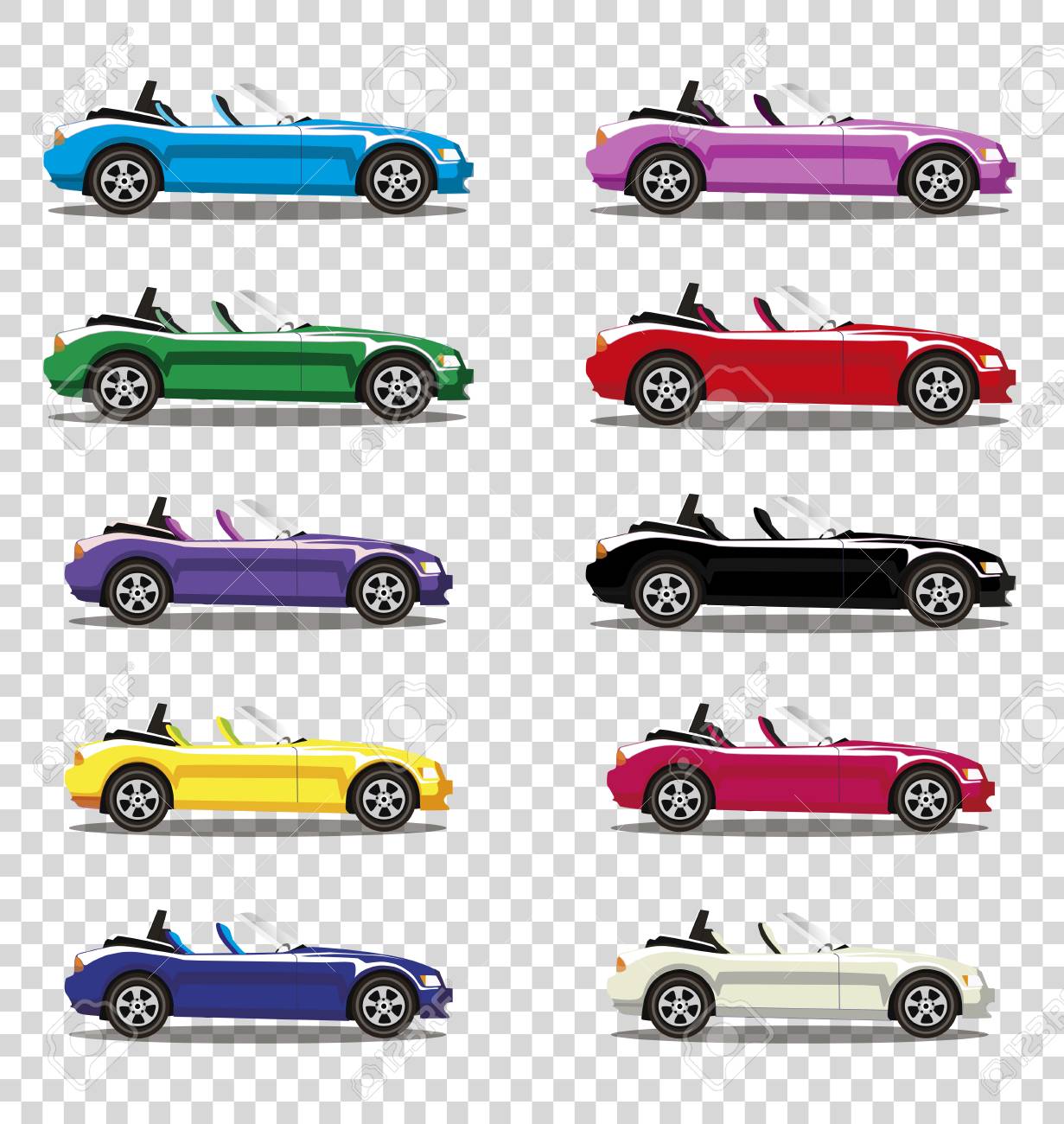 透明な背景に隔離された現代の漫画色のカブリオレ車のセット スポーツカー ベクトルイラスト クリップアート のイラスト素材 ベクタ Image 透明な背景に隔離された現代の漫画色のカブリオレ車のセット スポーツカー ベクトルイラスト クリップアート のイラスト素材 ベクタ Image