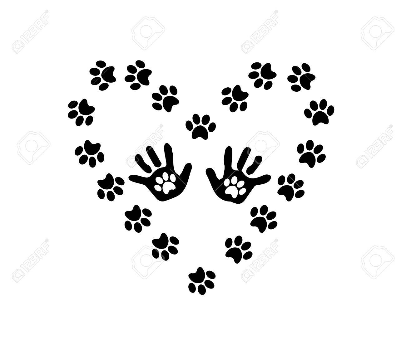 内部 Pawprints と手形フレーム動物の足から作られた心と赤ちゃんの黒いシルエットの分離の白い背景を追跡します 黒と白のベクトル イラスト ロゴ アイコン のイラスト素材 ベクタ Image